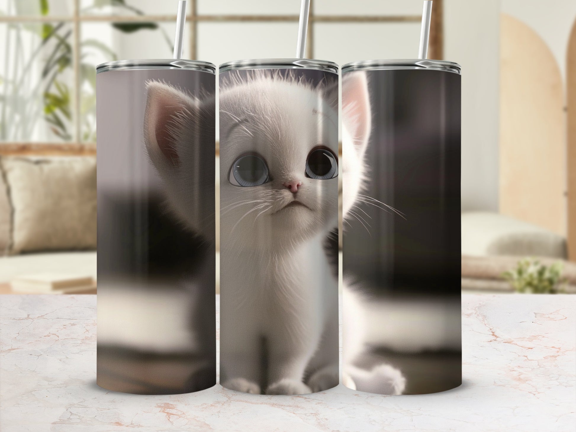 White kitten with big blue eyes on a patterned tumbler.