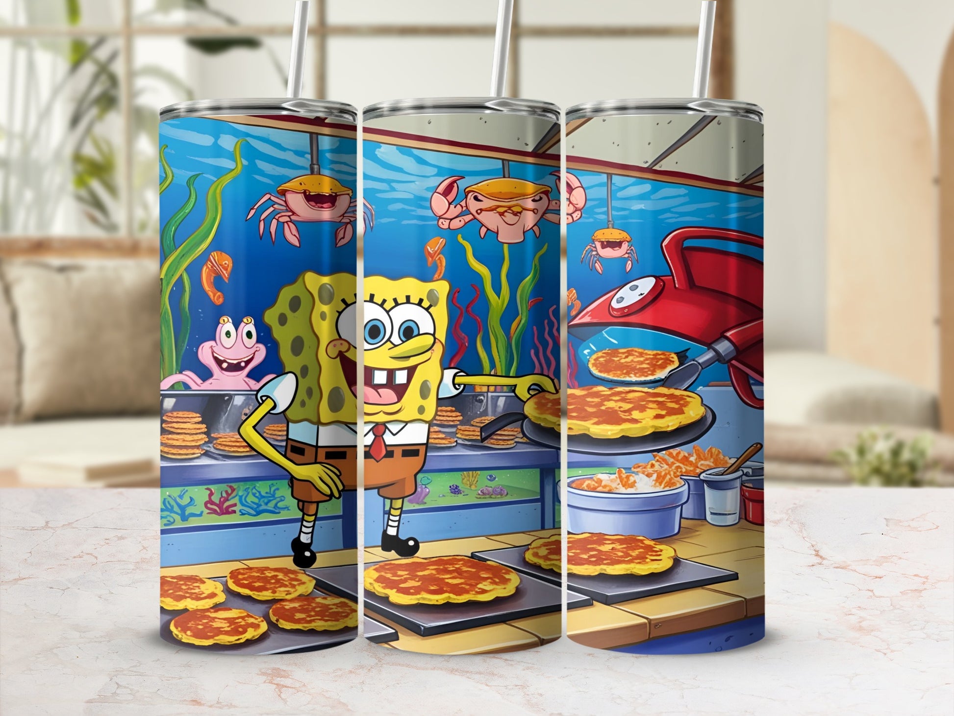 SpongeBob SquarePants flipping Krabby Patties on griddles in Krusty Krab kitchen.