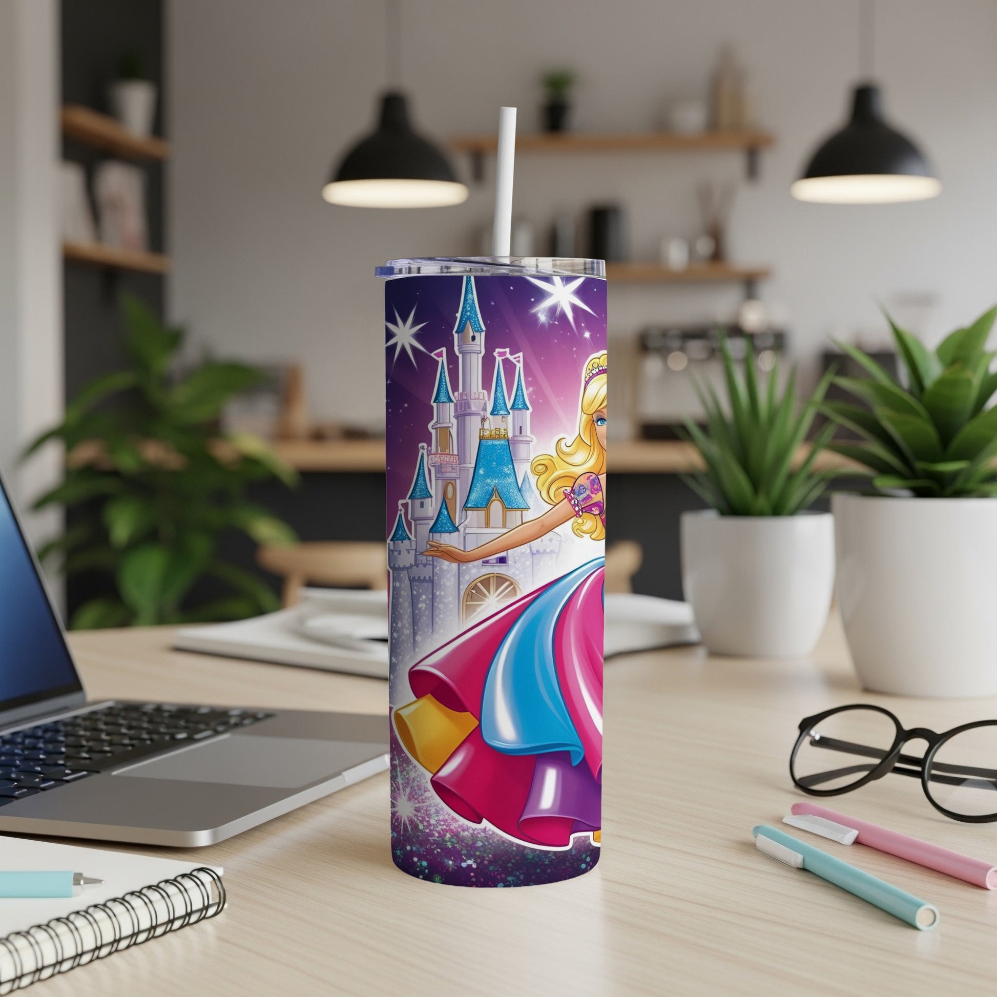 Barbie castle tumbler with pink, blue, and yellow accents.
