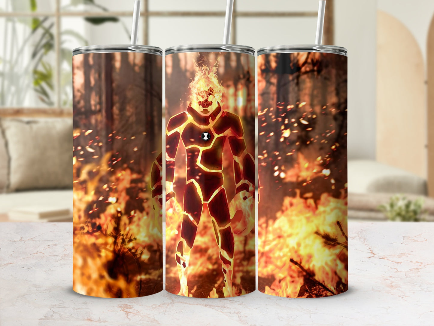 Fire-Themed Robotic Character Insulated Drink Tumbler