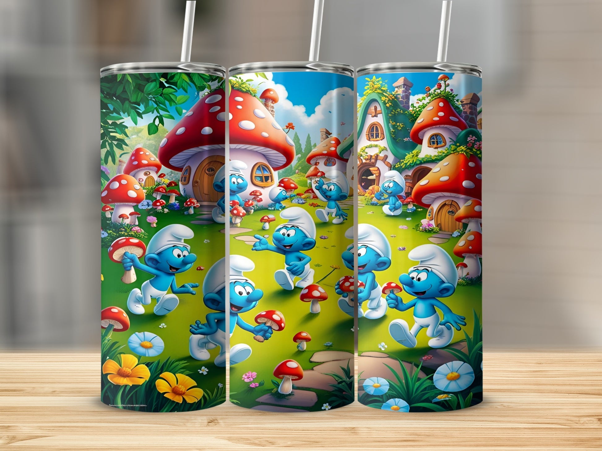Smurfs in mushroom village with flowers and trees.