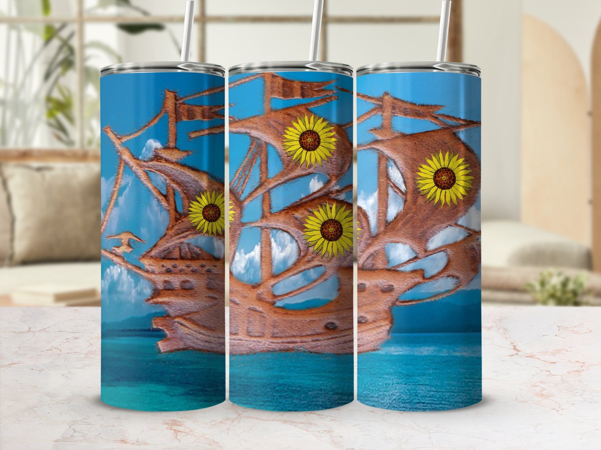 Triptych of tumblers featuring a wooden sailing ship with sunflowers on its sails.
