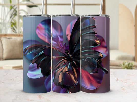 Three iridescent tumblers with butterfly designs on a marble surface.