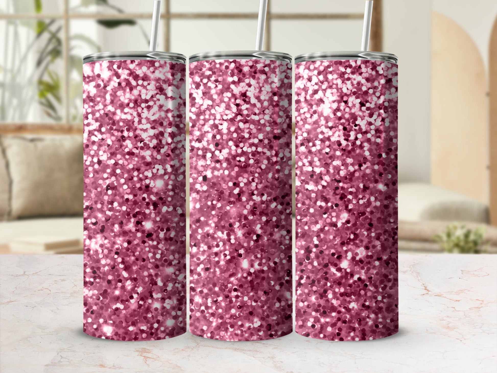 Pink Glitter Tumbler with Straw Insulated Drinkware