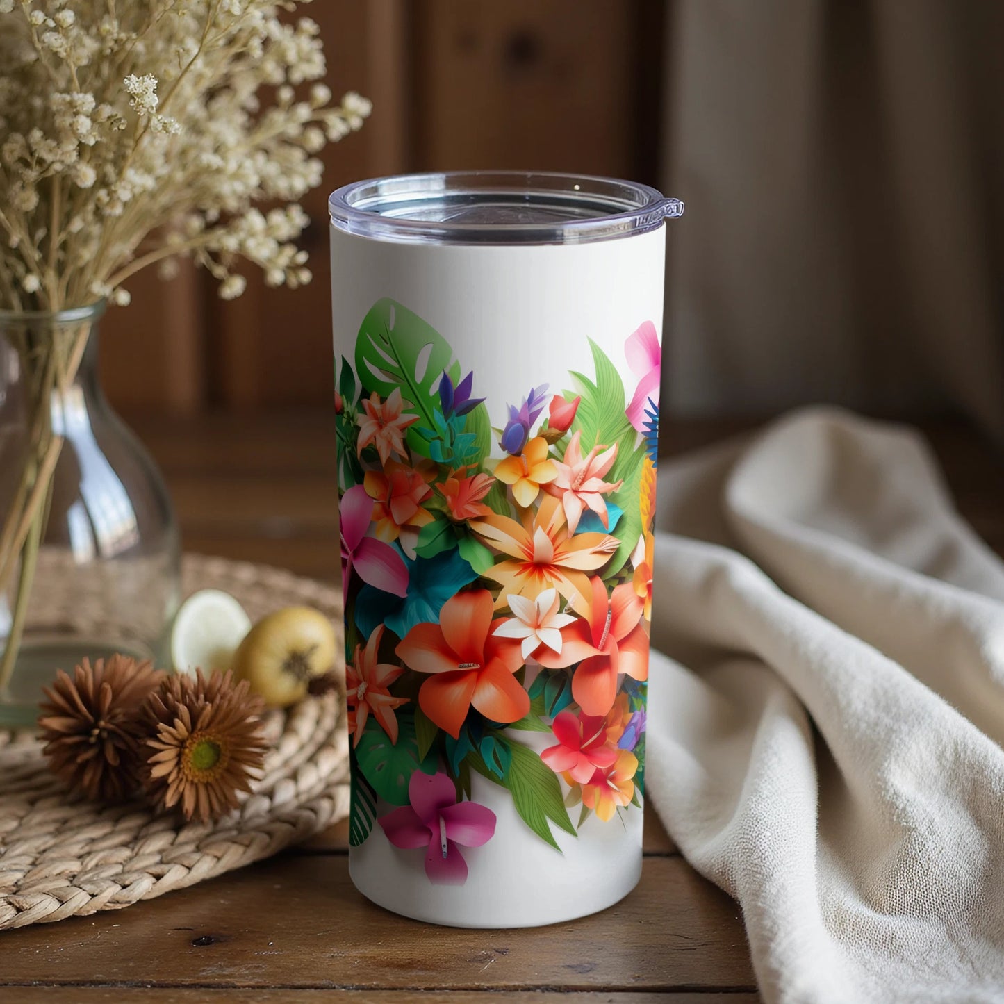 Vibrant Floral Print Travel Mug Featuring Tropical Blossoms