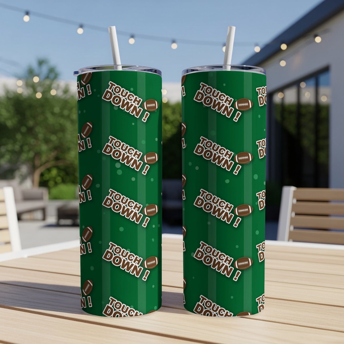 Two green tumblers with repeating "Touch Down!" and football pattern.