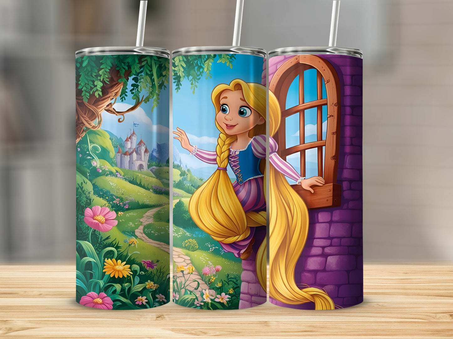 Tangled characters Rapunzel and Pascal with castle and flowers on a skinny tumbler.