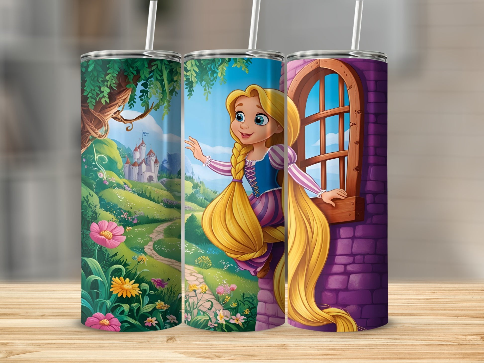 Tangled characters Rapunzel and Pascal with castle and flowers on a skinny tumbler.