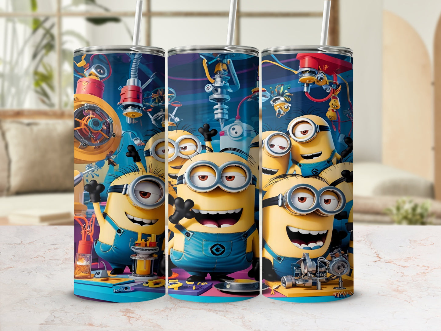Minions tinkering with machinery in a workshop, featuring a patterned tumbler.