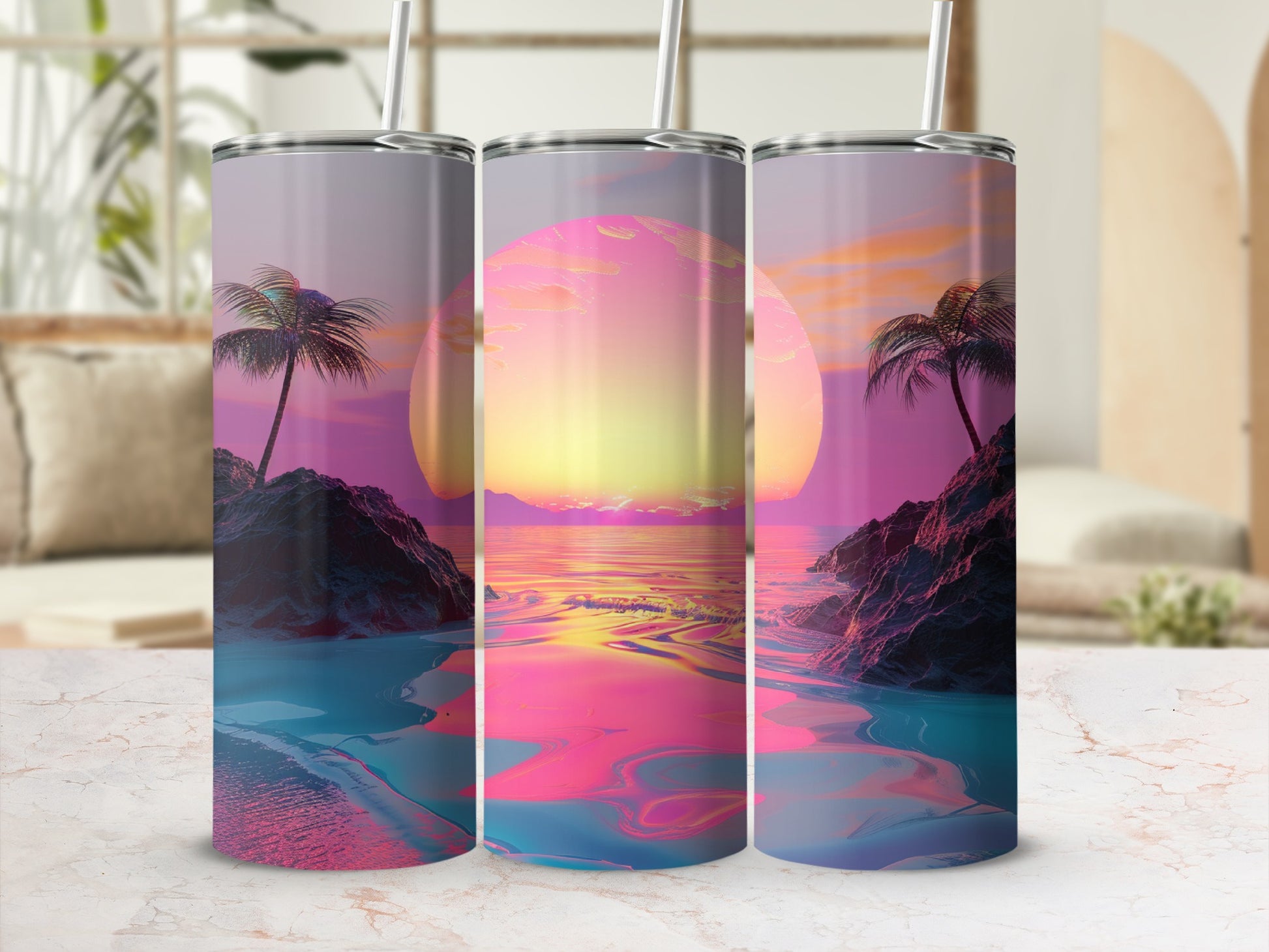 Three tumblers with a sunset beach scene and palm trees.