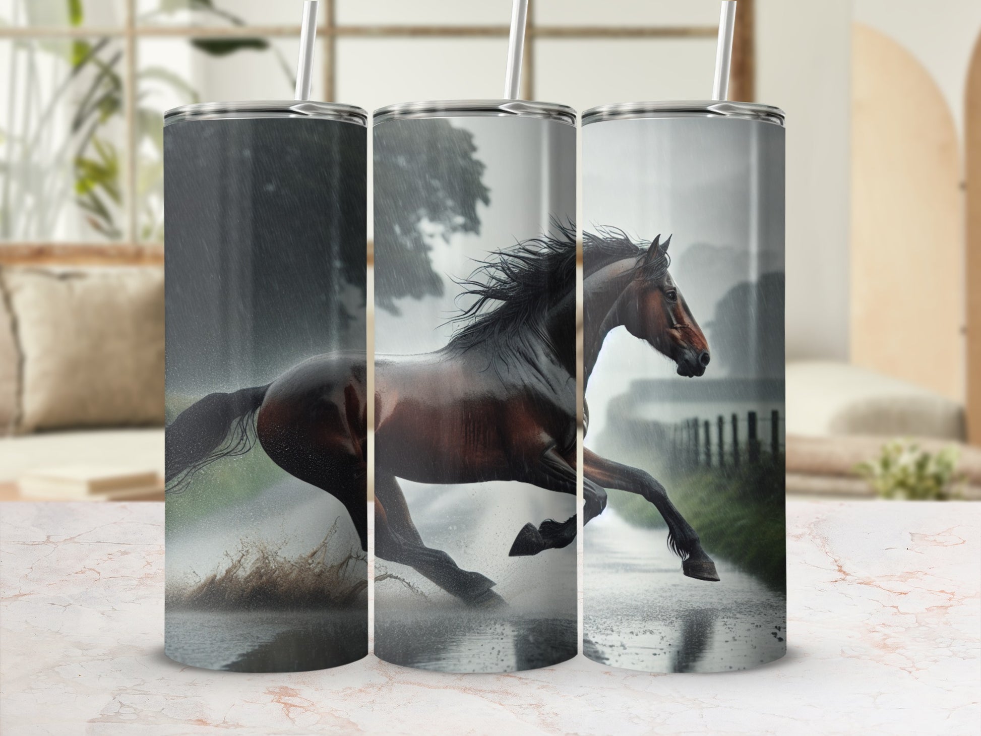Three tumblers with a galloping horse design in rain.