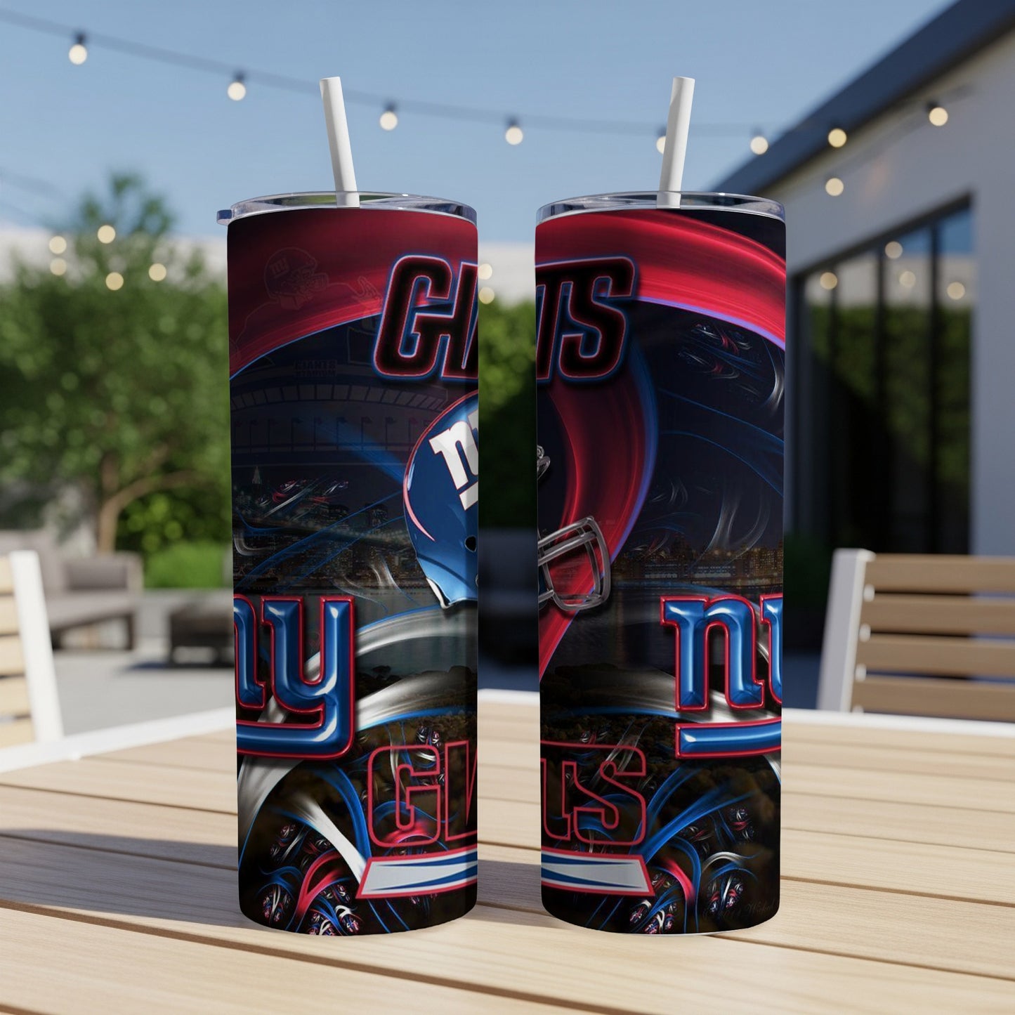 Two tumblers feature the word "GIANTS" with a football helmet and stadium graphic.