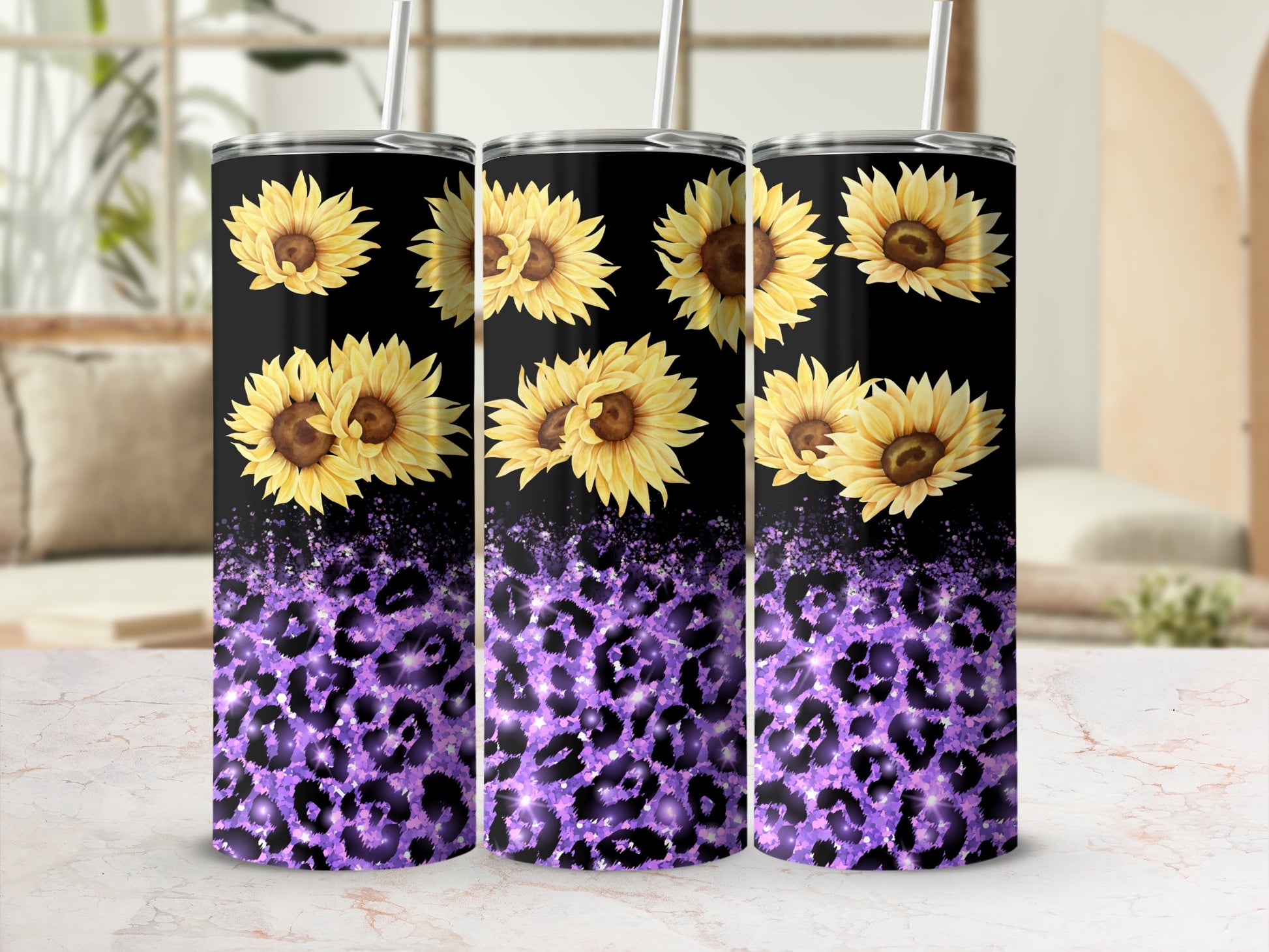 Black tumbler with sunflowers and purple leopard print.