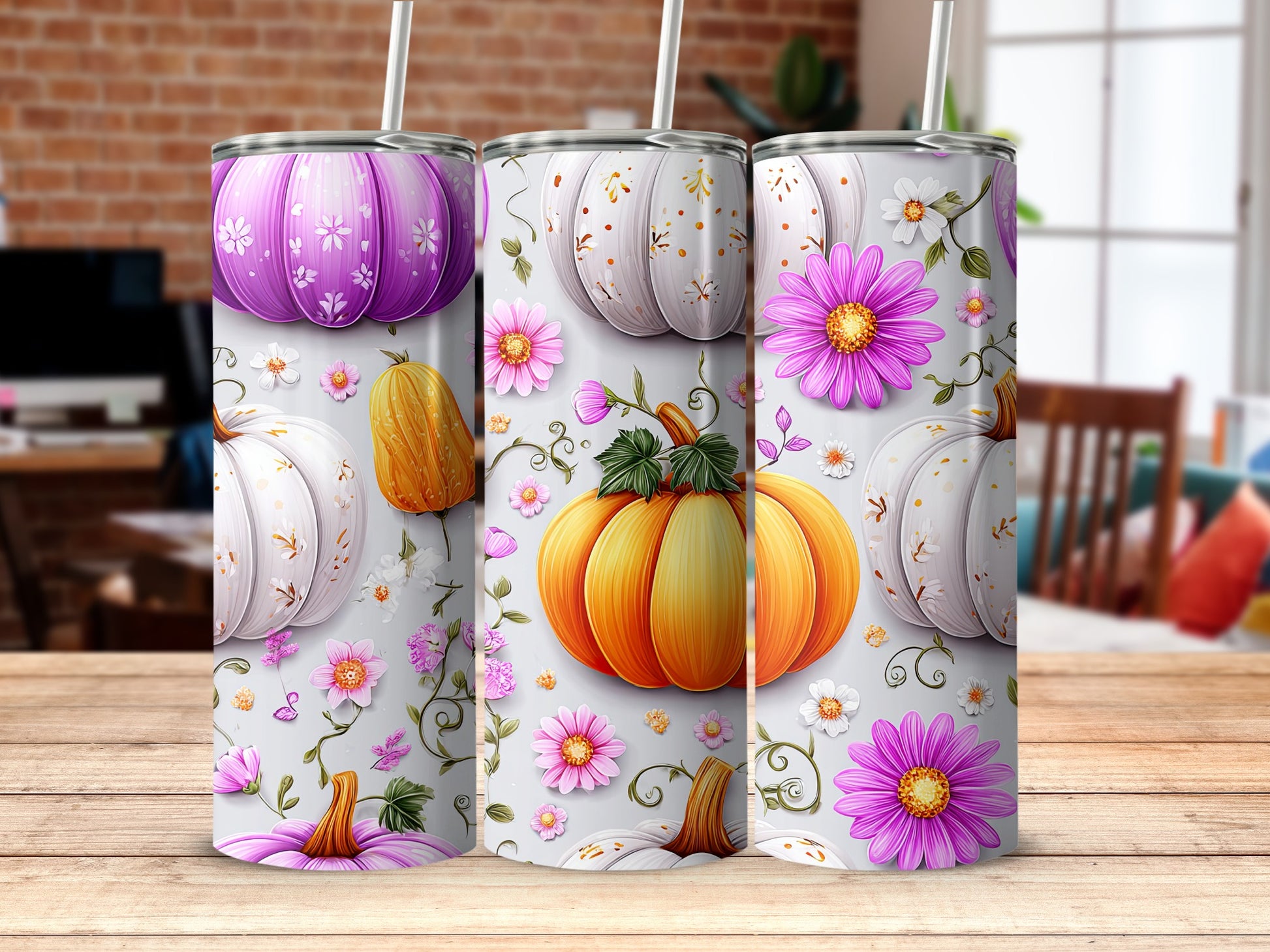 Colorful Floral Pumpkin Themed Tumbler Collection