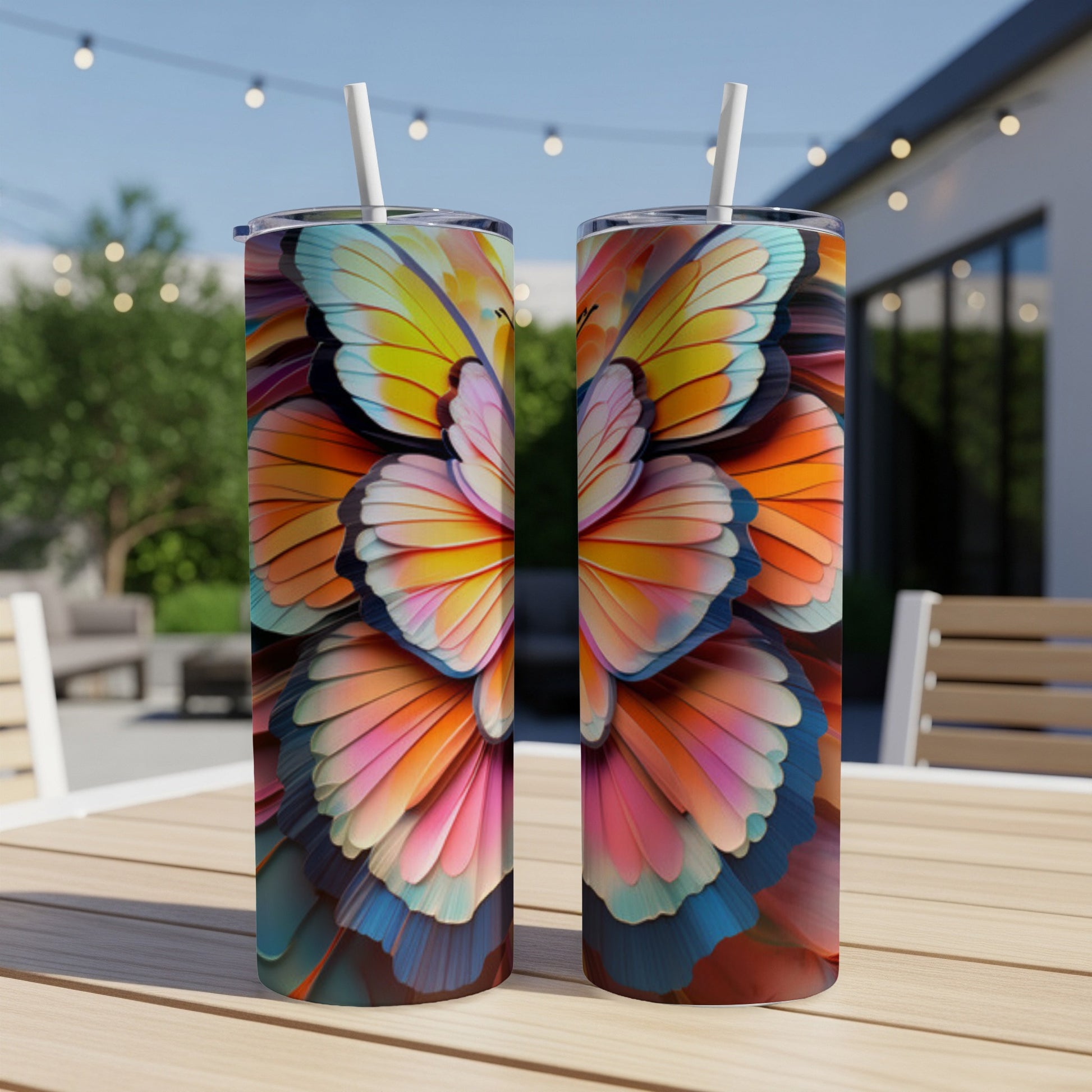 Two tumblers with a vibrant butterfly wing design on a wooden table.