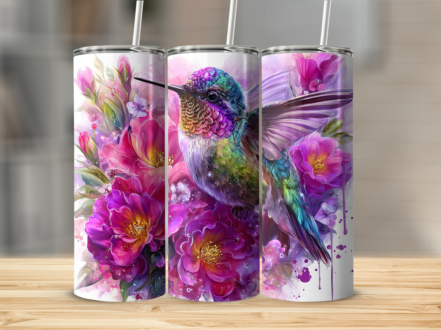 Colorful Hummingbird and Flowers Tumbler Design