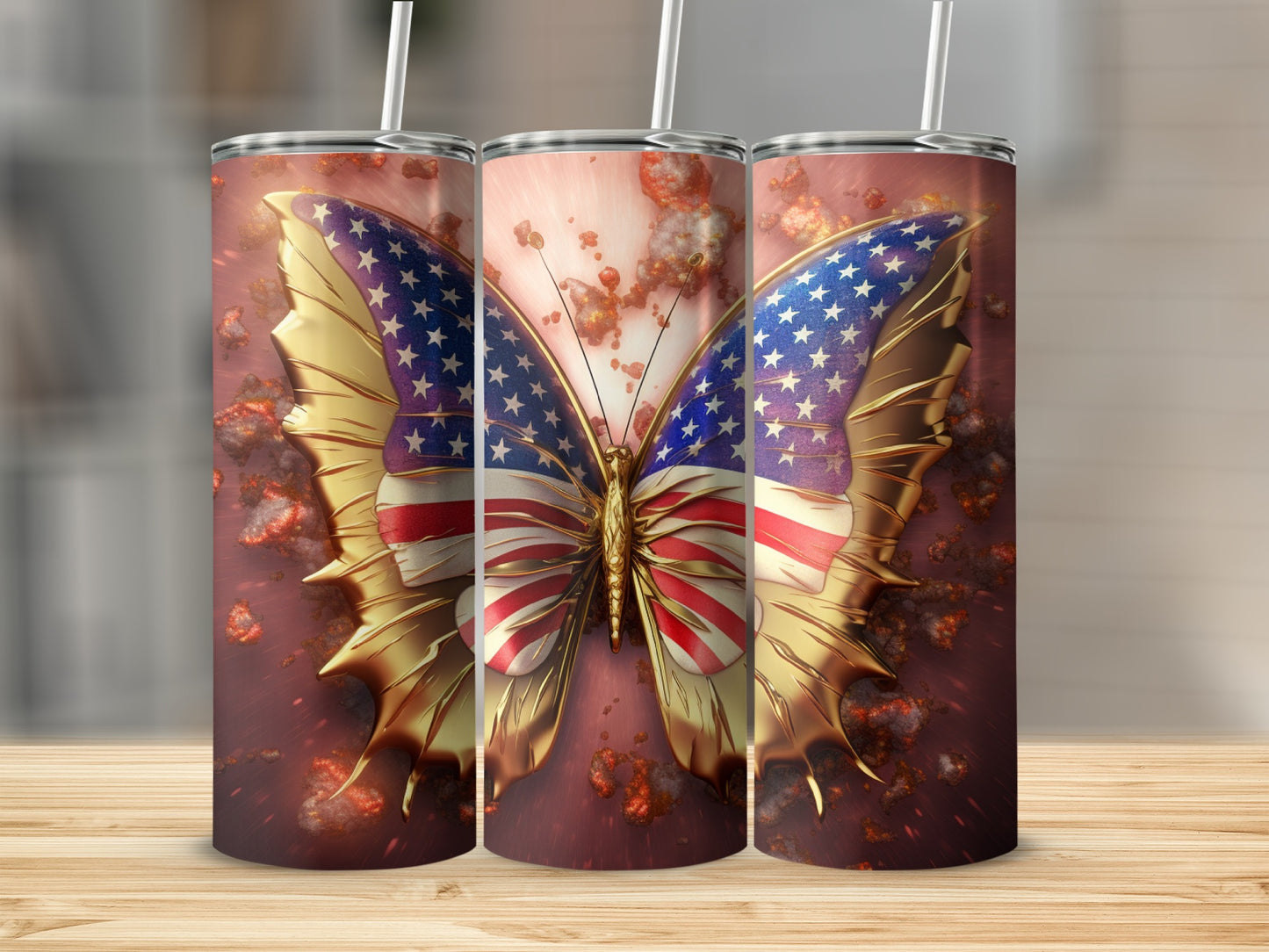 Gold butterfly with American flag wings on textured background.
