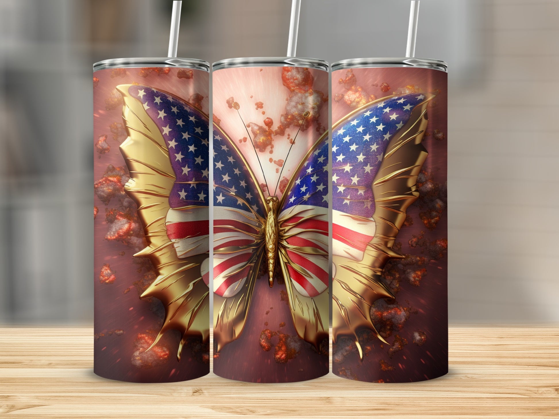 Gold butterfly with American flag wings on textured background.