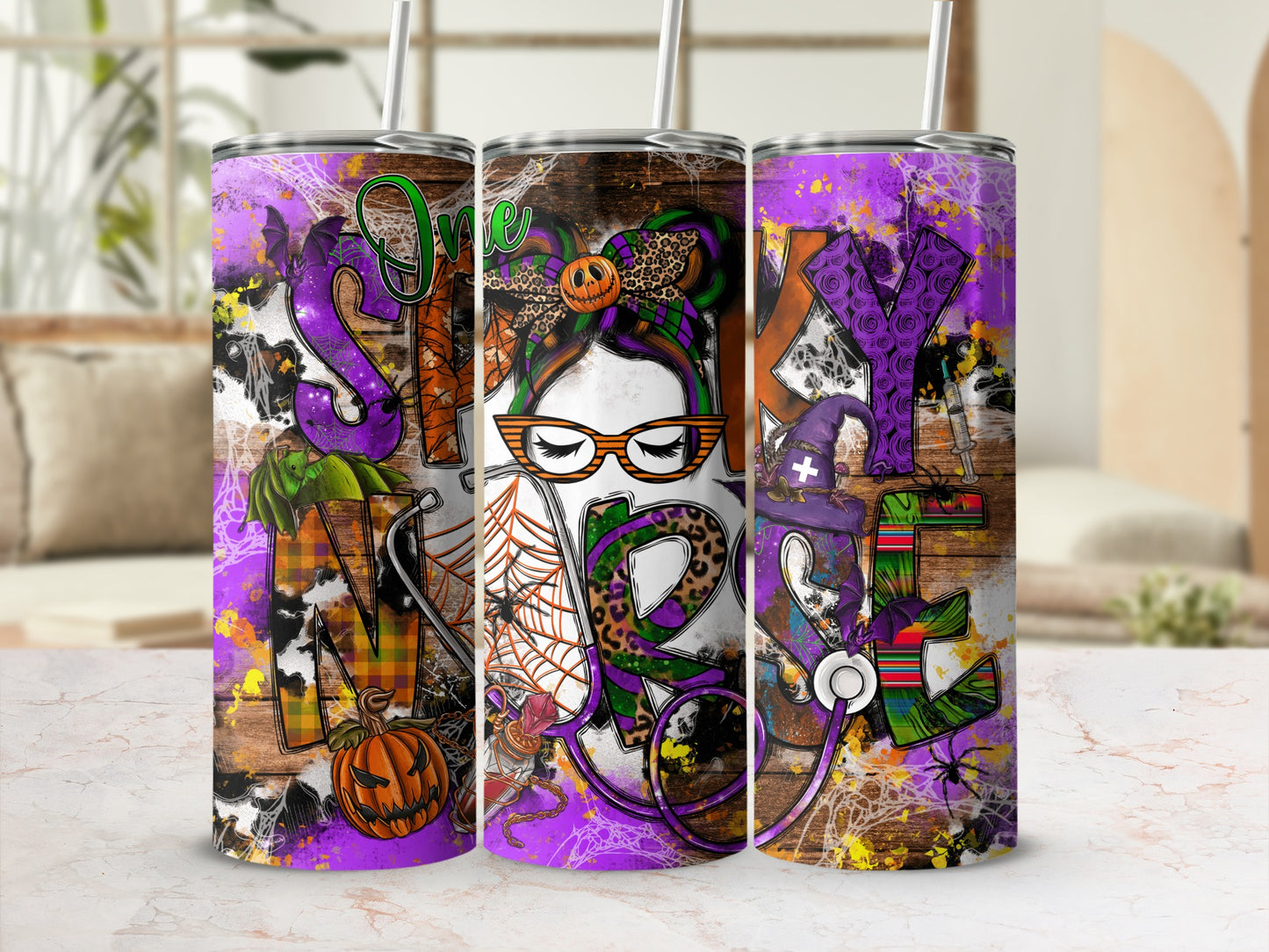Spooky nurse tumbler with Halloween imagery and purple and orange accents.