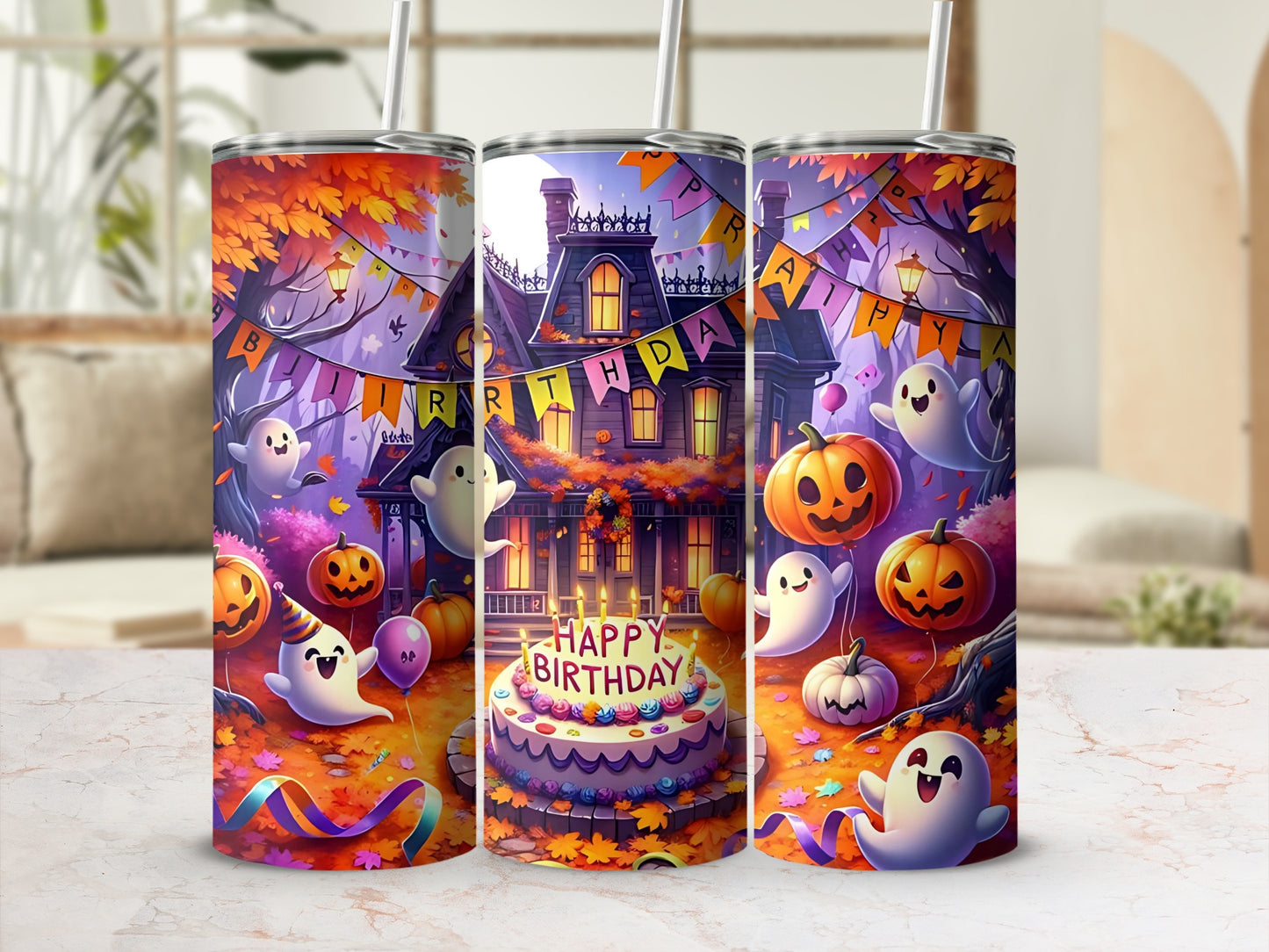 Halloween-themed tumbler with ghosts, pumpkins, haunted house, and "Happy Birthday" cake.
