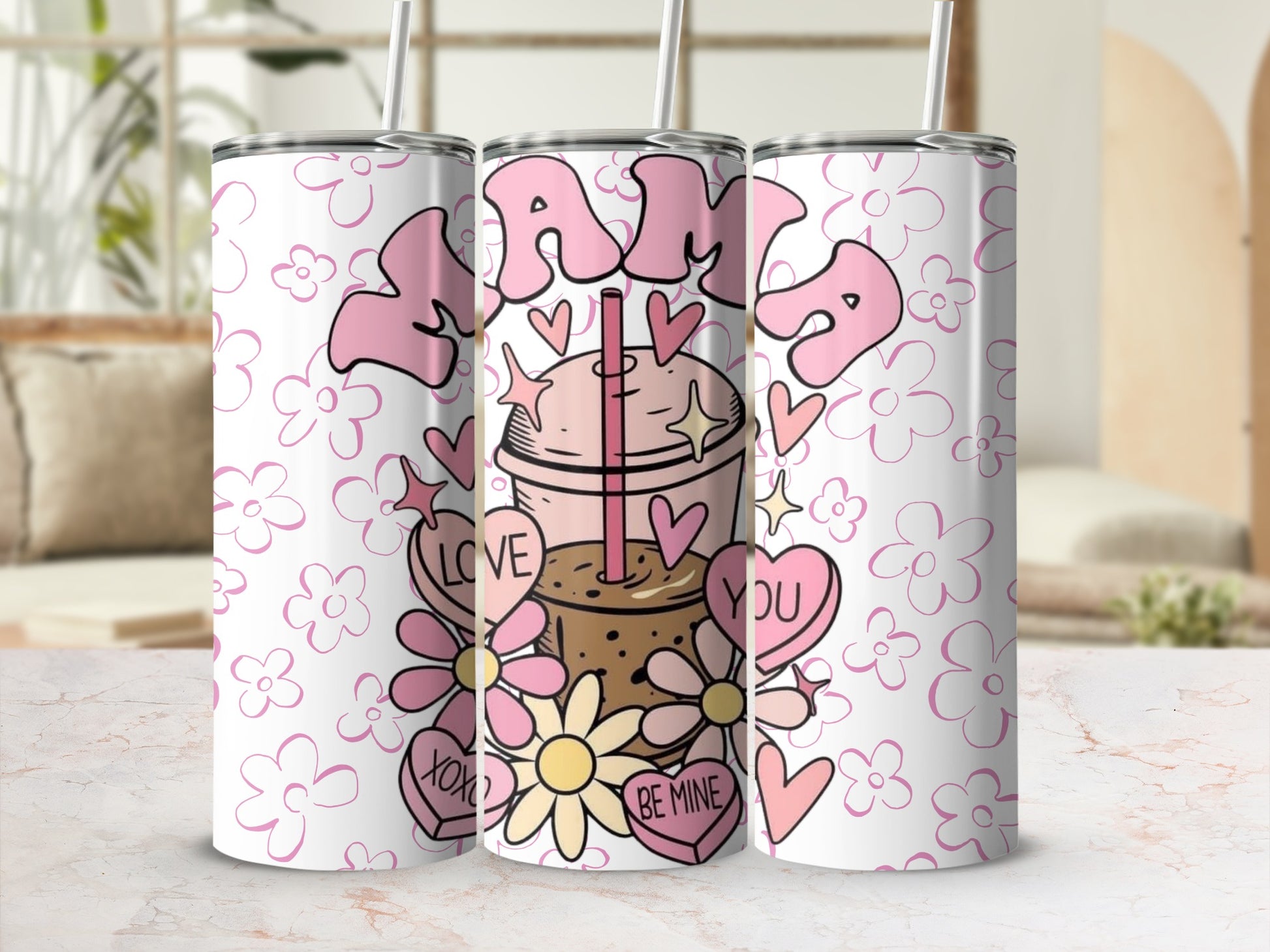 Cute Mama Tumbler with Flowers and Hearts Design