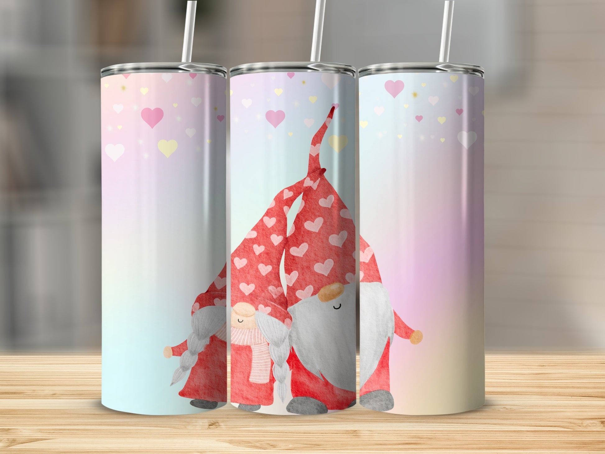 Gnome Couple Red Heart Pattern Gradient Tumbler Design
