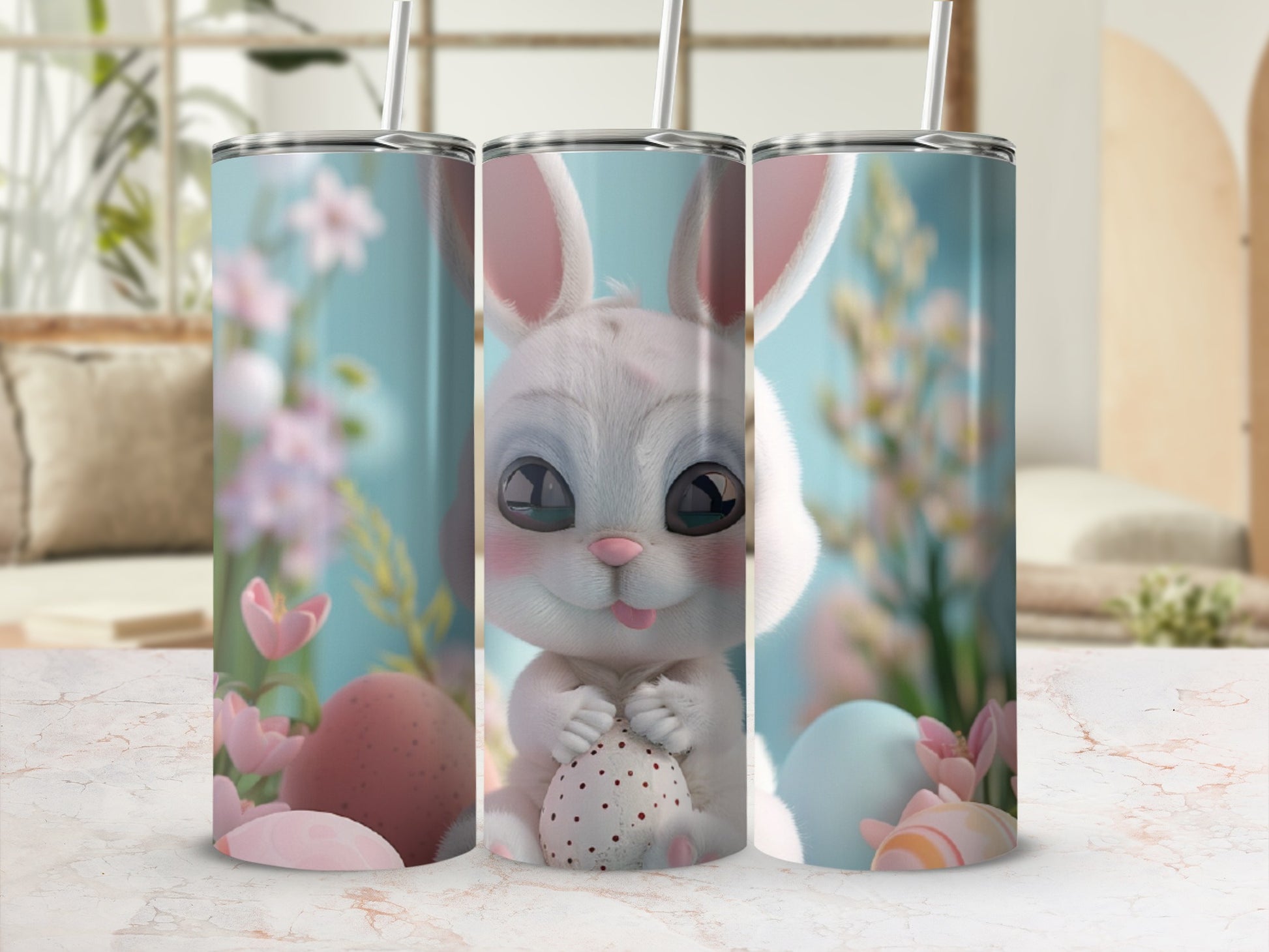 Easter bunny holding an egg, with pastel eggs and flowers on a light blue background.