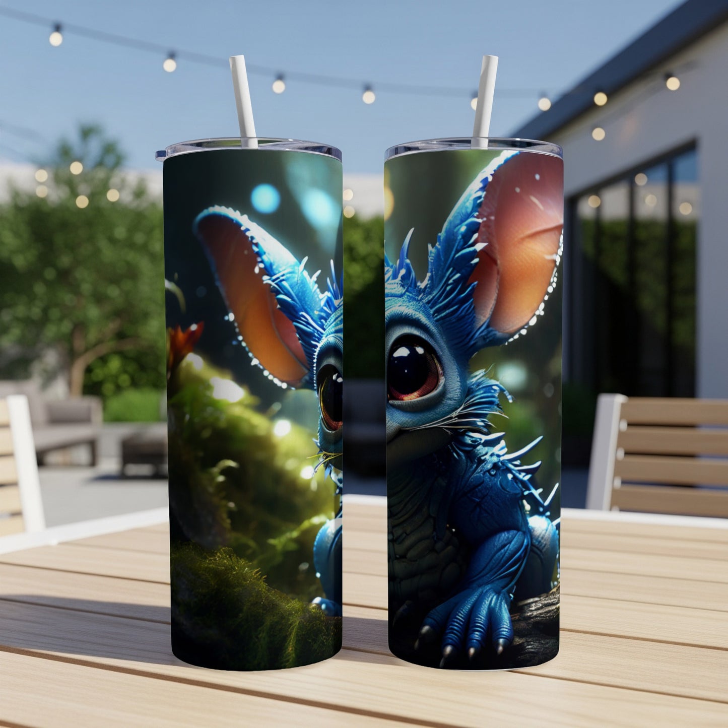 Blue dragon creature with large ears on a tumbler, outdoors.