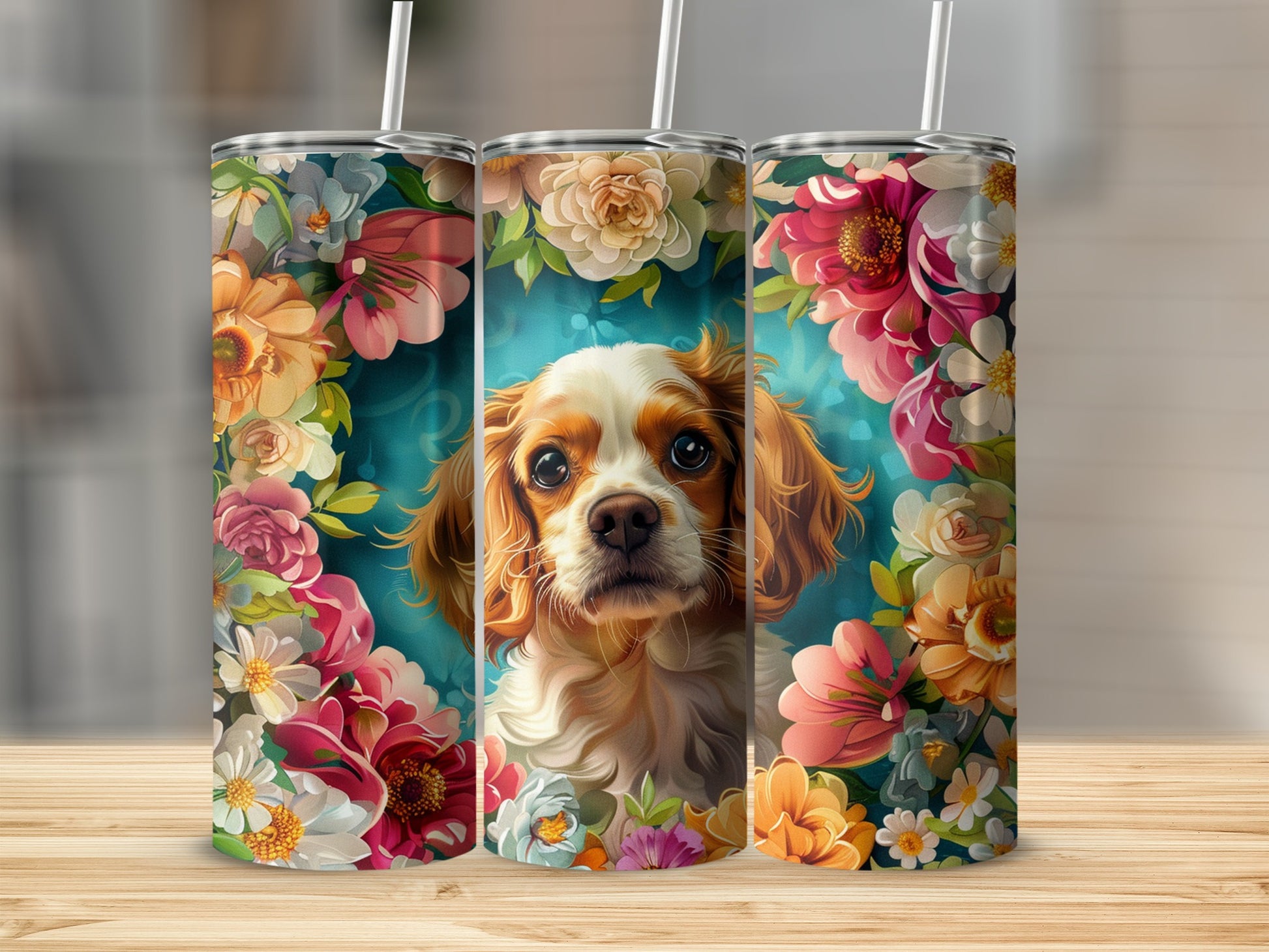 Dog surrounded by a floral wreath on a tumbler.