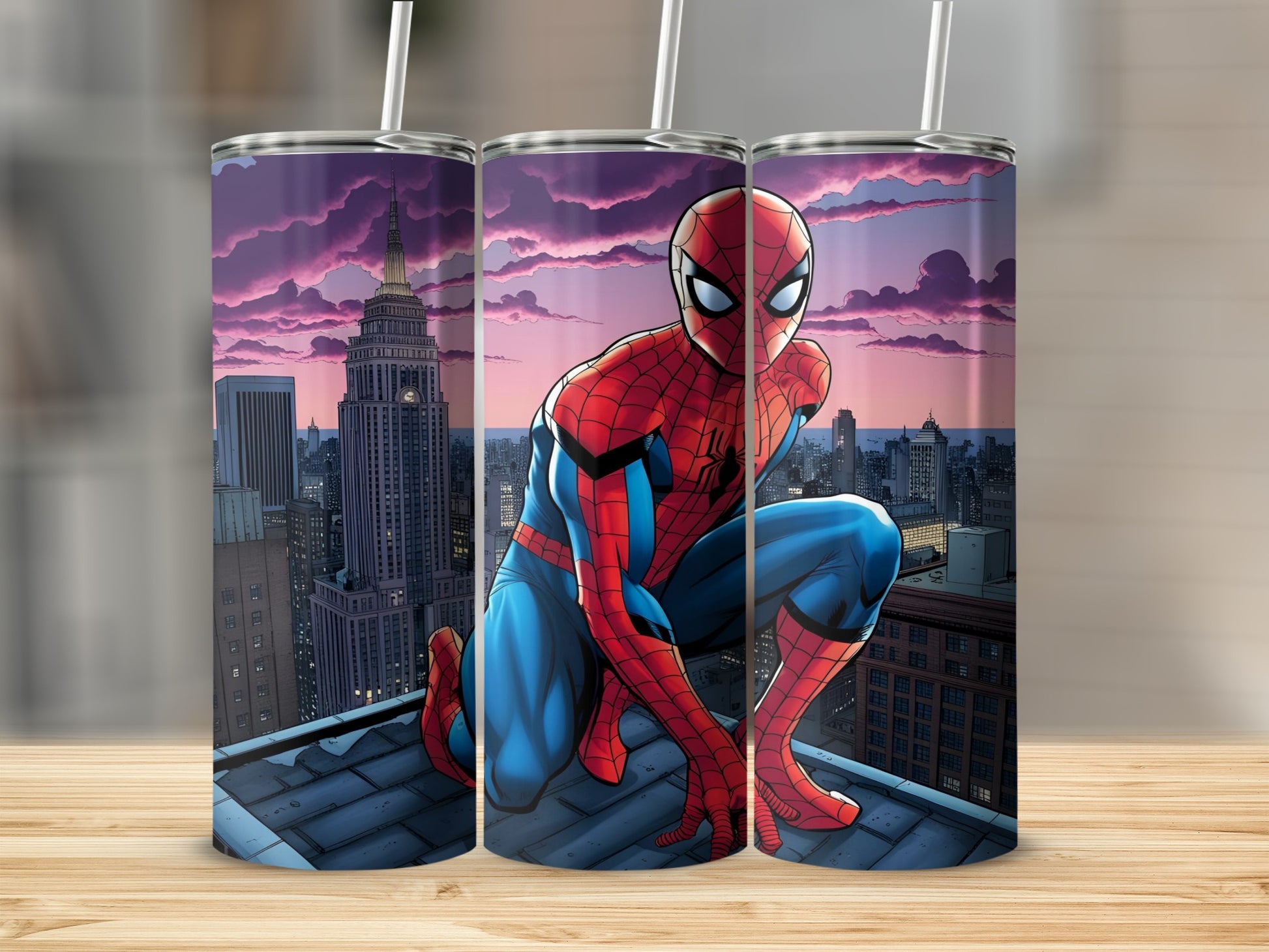 Spider-Man crouches on a rooftop with a city skyline behind him.