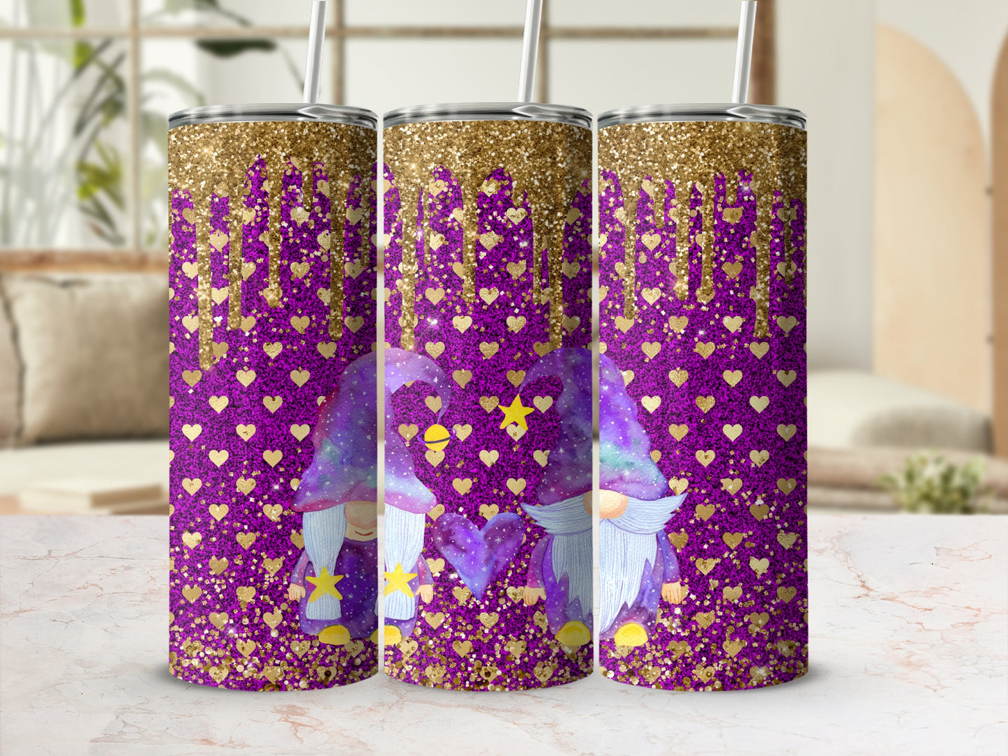 Purple and Gold Glitter Gnome Design Tumbler Product