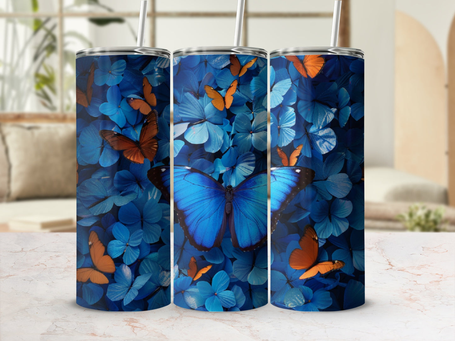 Blue and orange butterflies on a floral blue background.