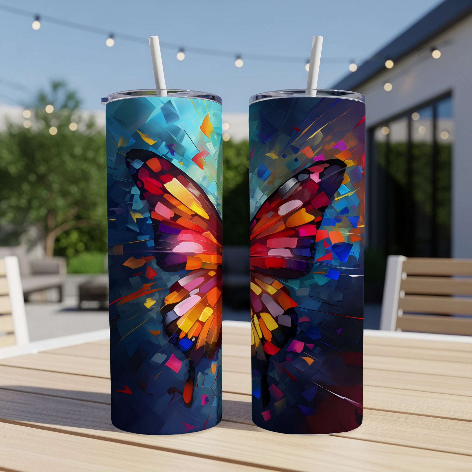 Two tumblers with vibrant, abstract butterfly wing designs on a table.