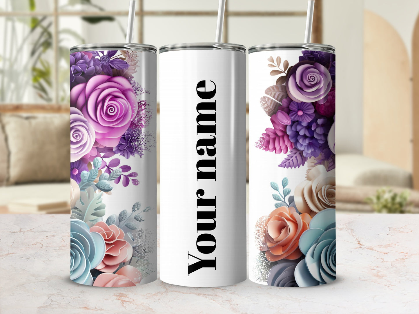 Personalized Floral Designed Insulated Tumbler Cup