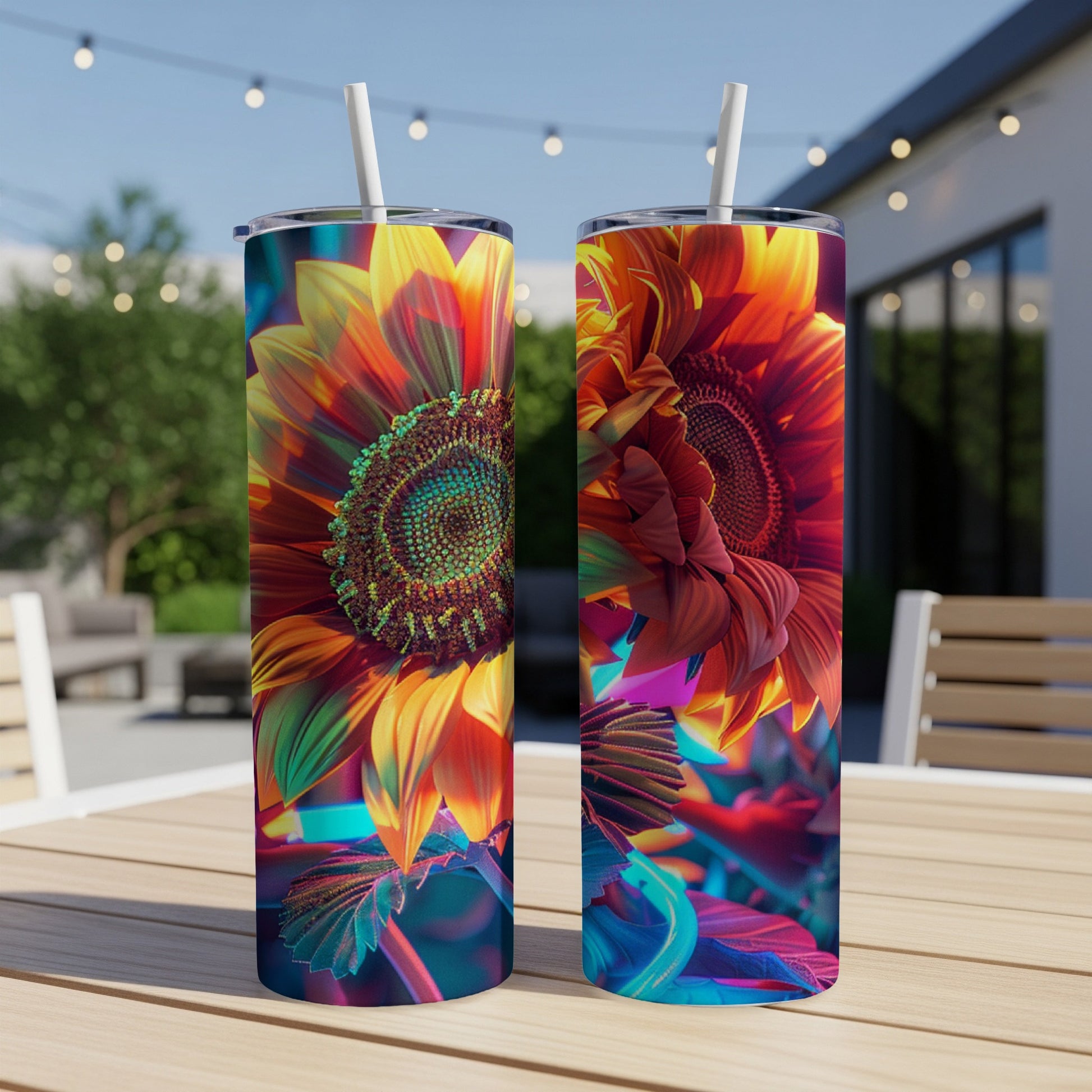 Two tall tumblers with vibrant sunflower art displayed outdoors on a table.