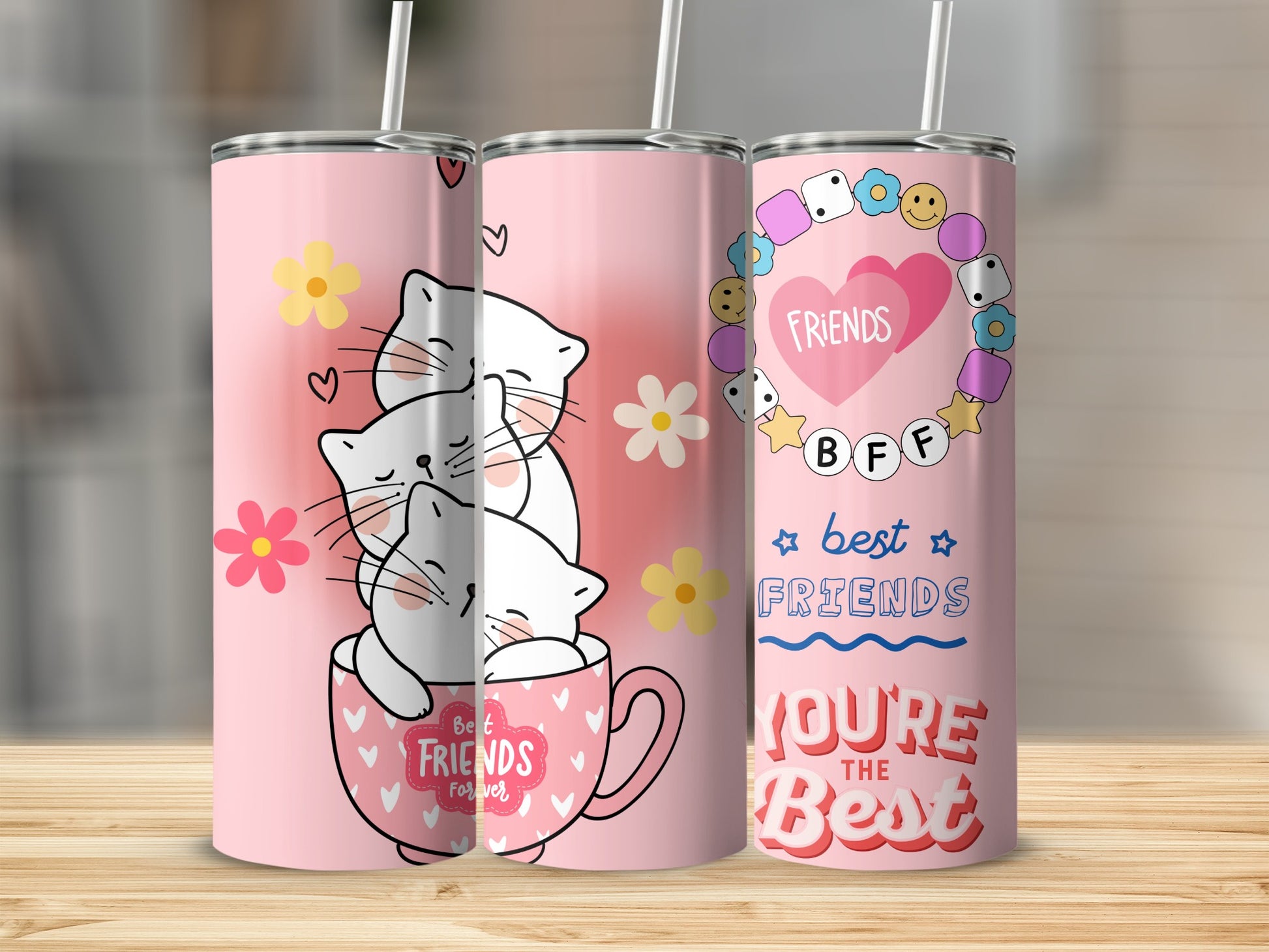 Cute Best Friends Forever Pink Cat Tumbler Set
