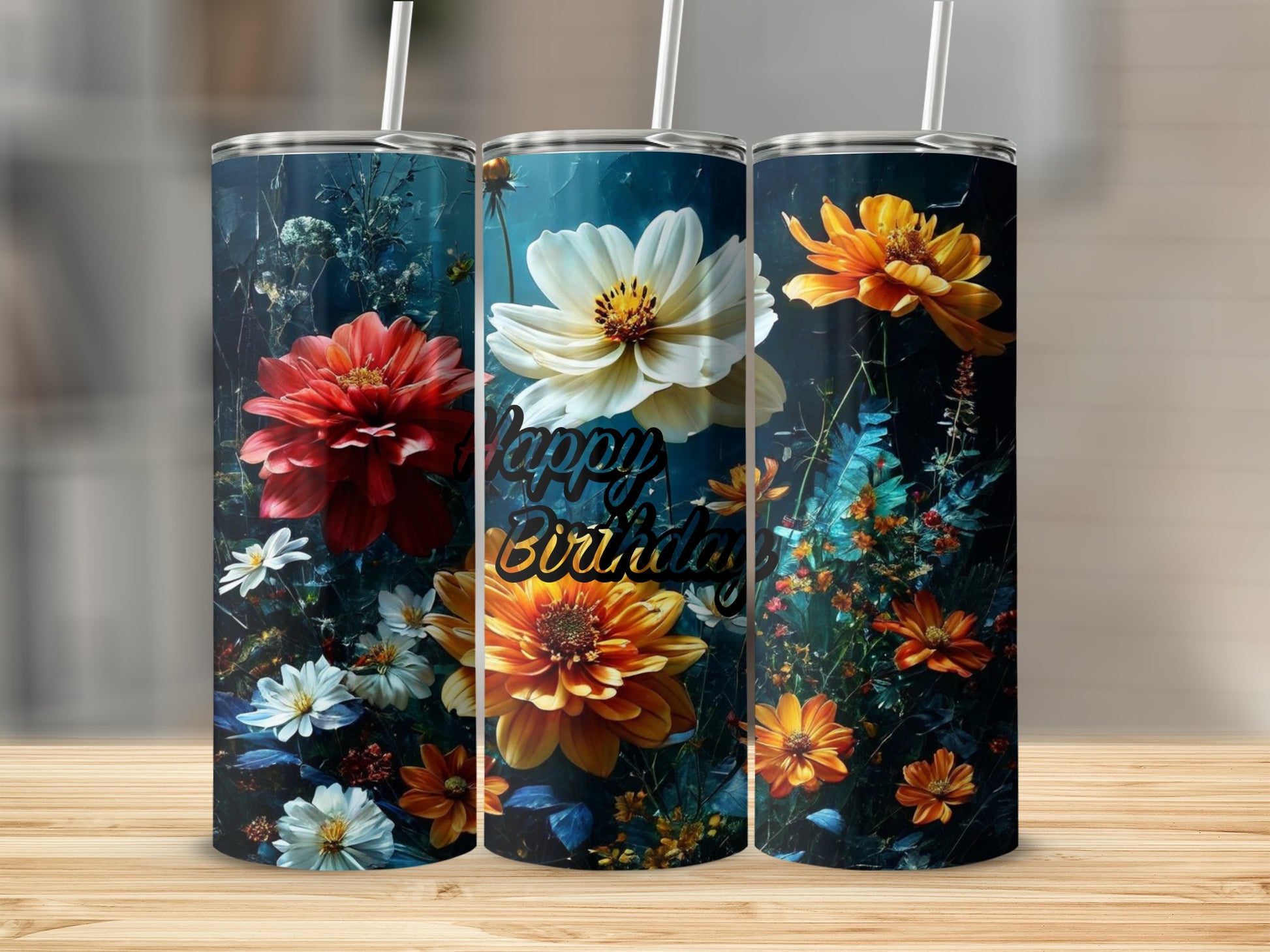 Three tumblers with floral designs and "Happy Birthday" text.