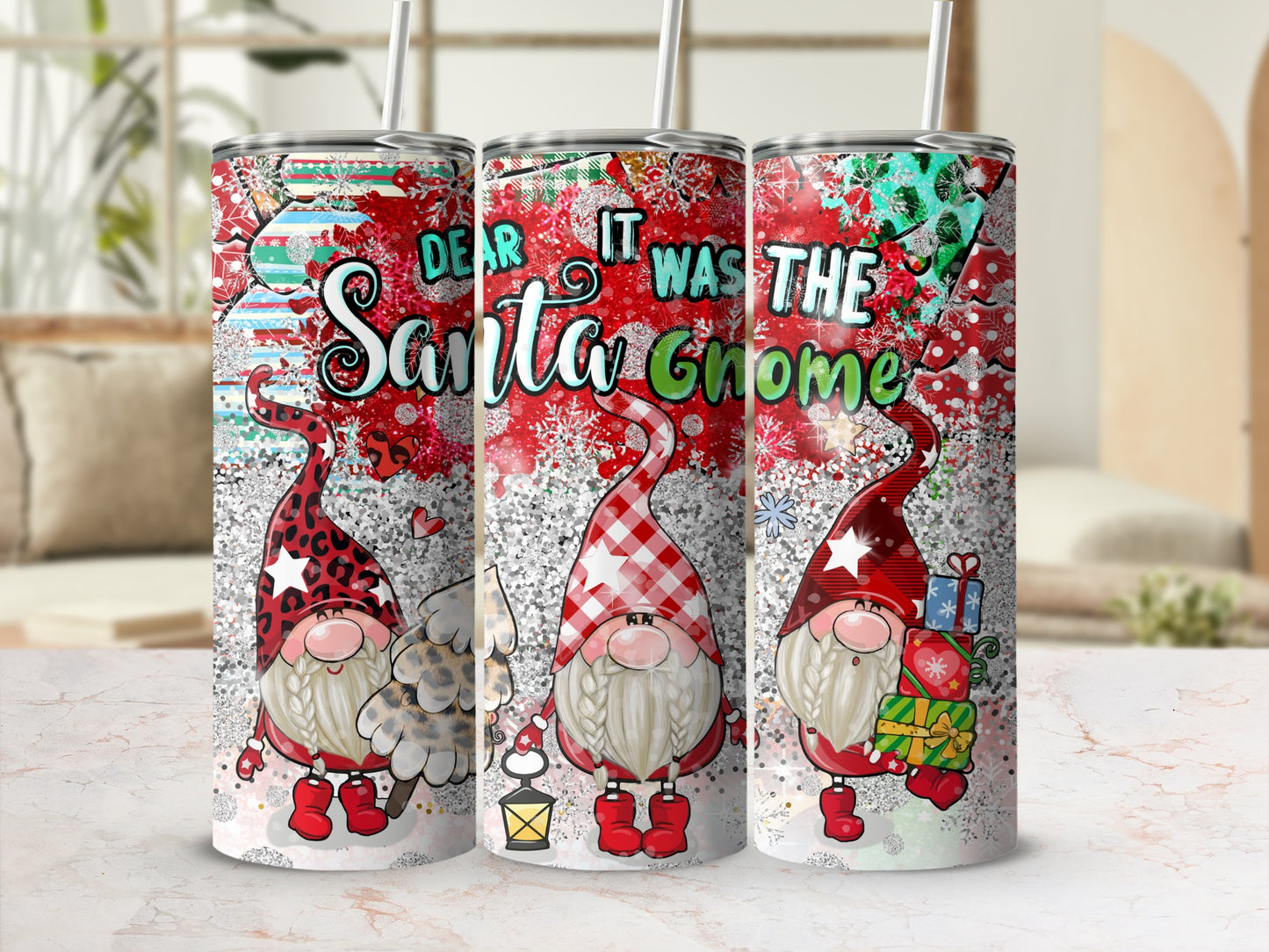 Christmas gnomes with "Dear it was the Santa Gnome" text on skinny tumblers.