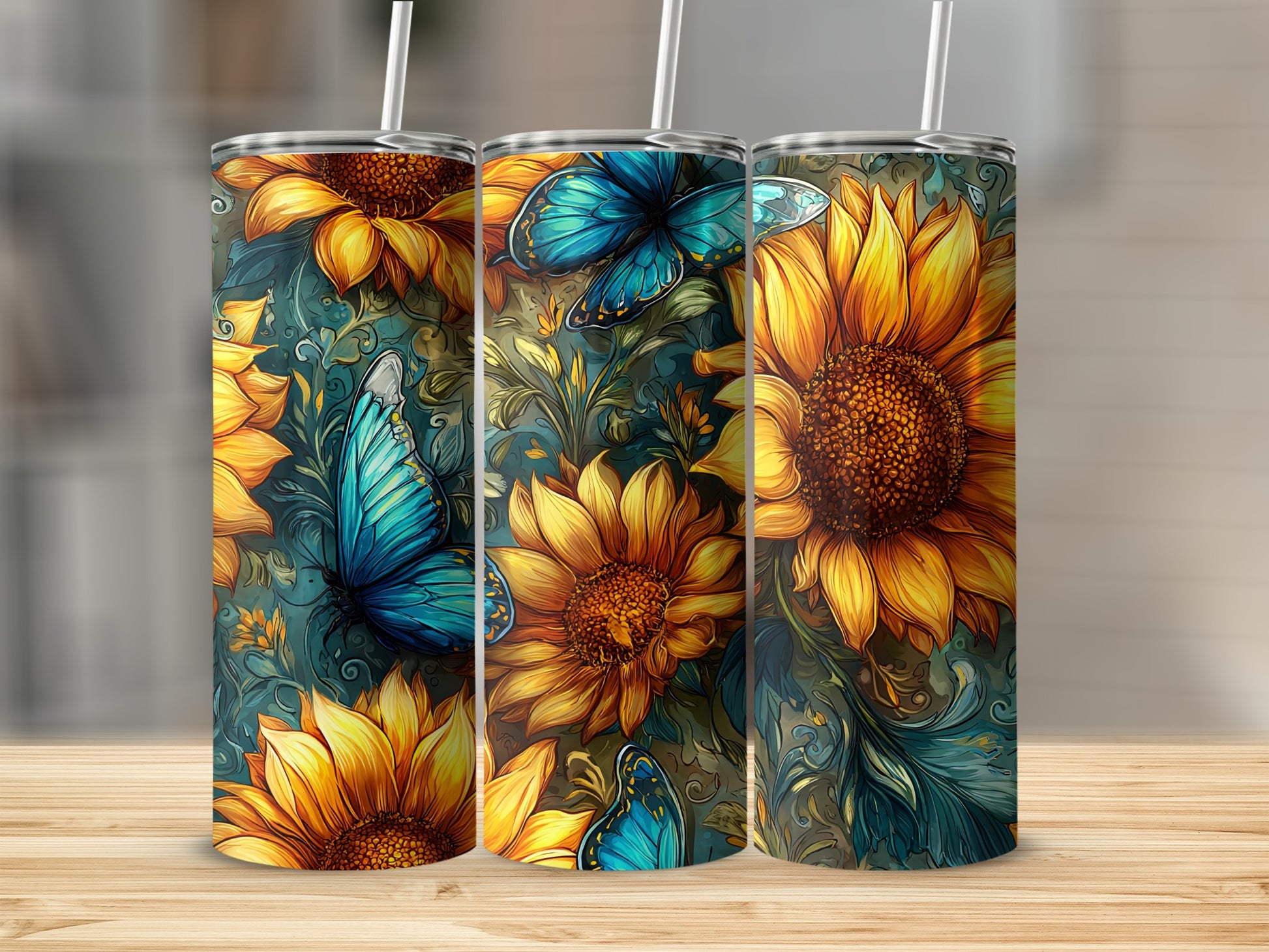 Sunflower and Blue Butterfly Design Tumbler