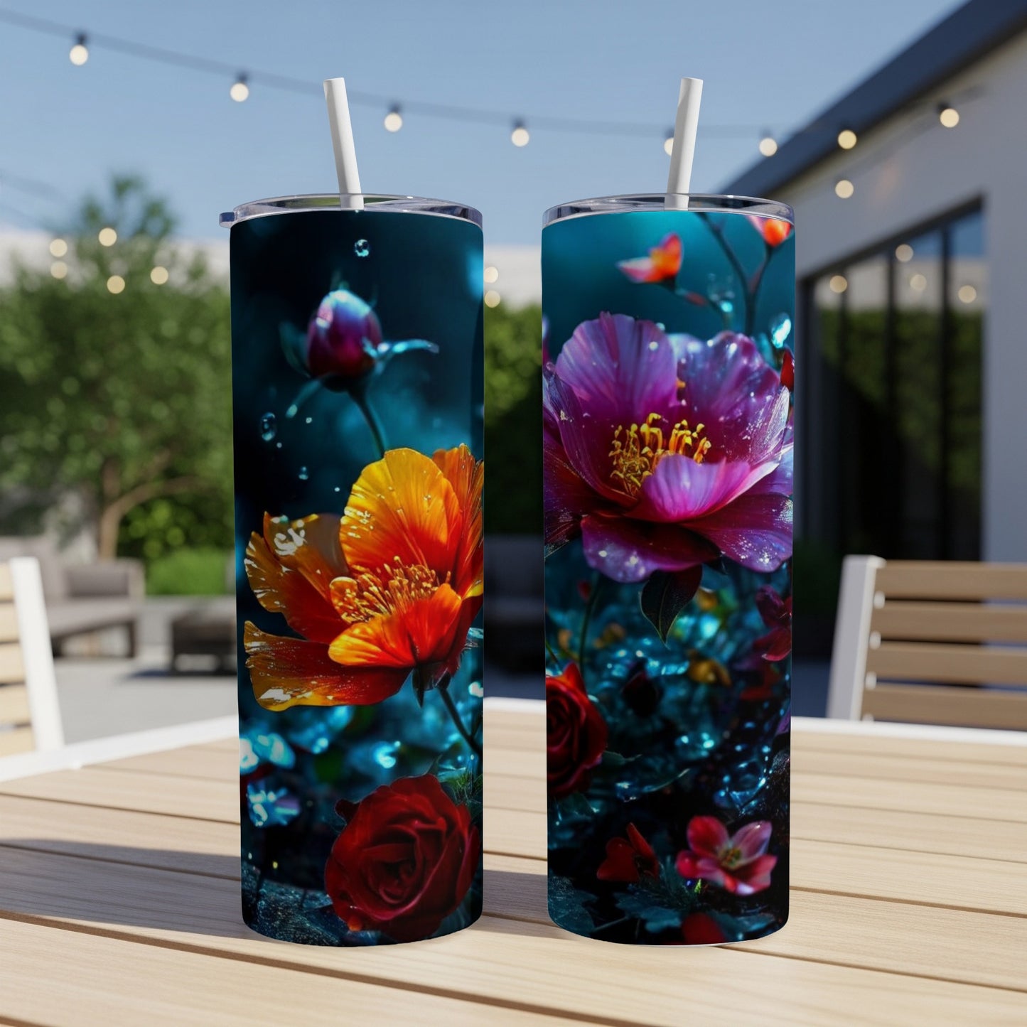 Two tumblers featuring vibrant pink and orange floral designs.