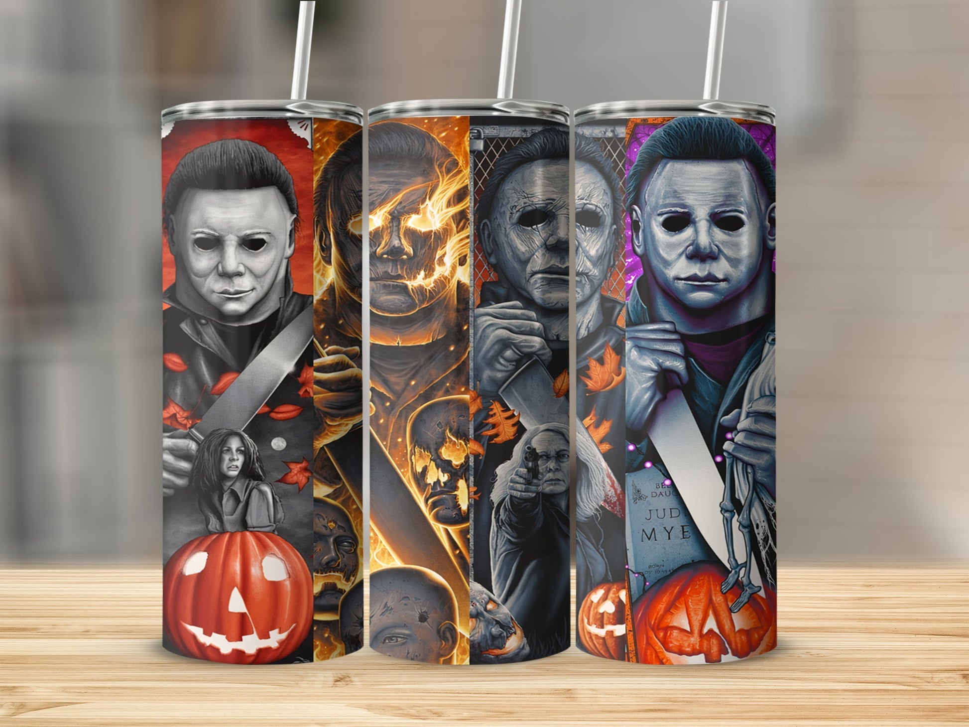 Michael Myers Halloween tumbler with skulls, pumpkins, and movie scenes.