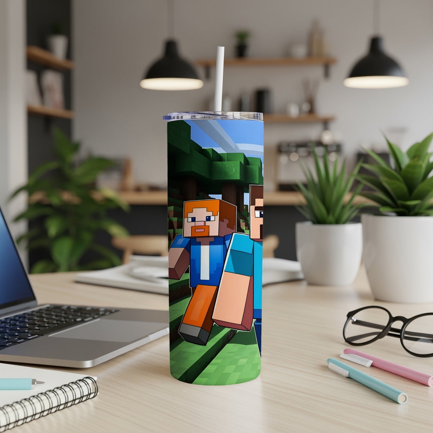 Steve and Alex characters from Minecraft on a blue tumbler with a straw.
