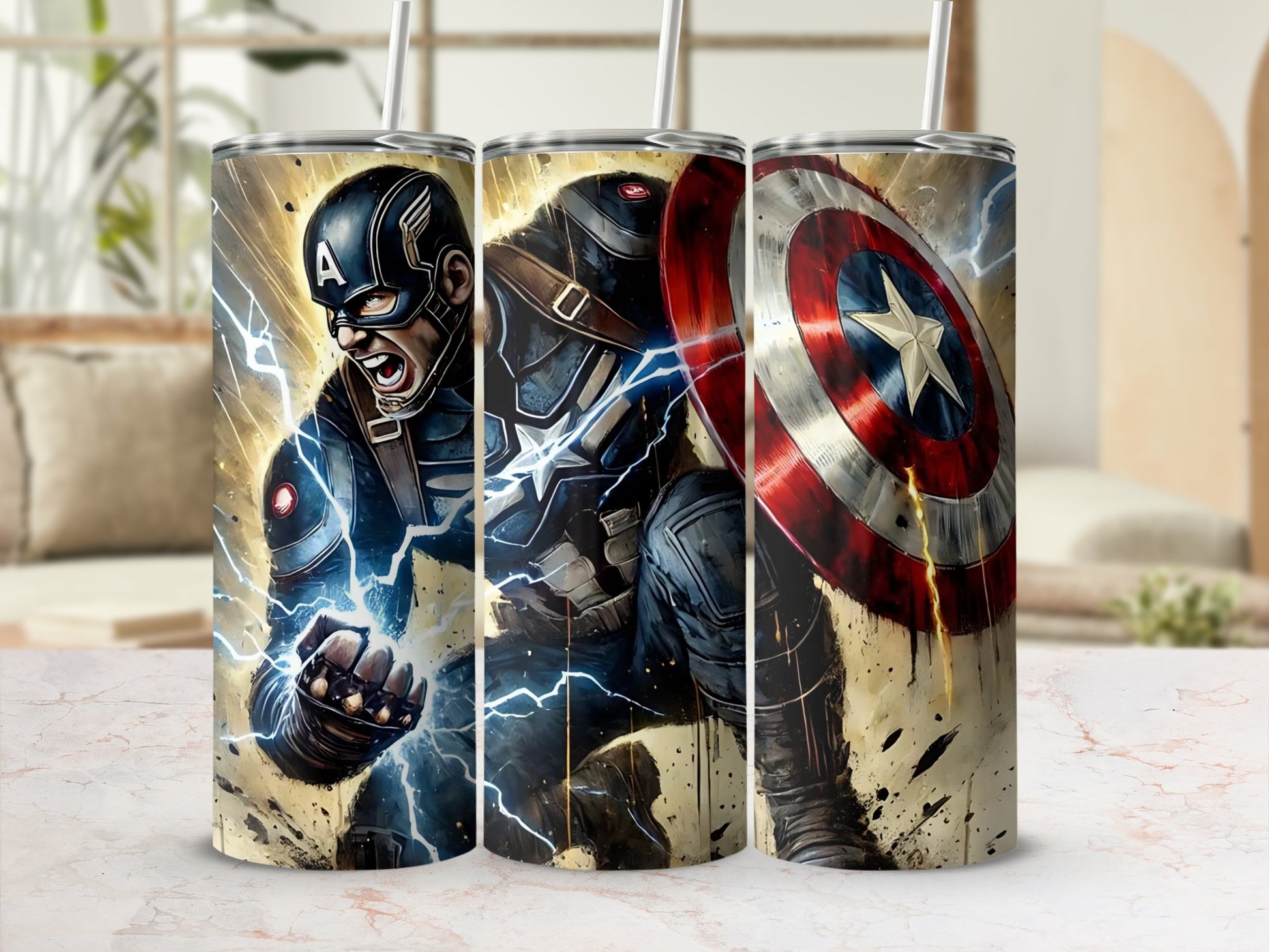 Electric Superhero Design Tumbler with Shield Artwork