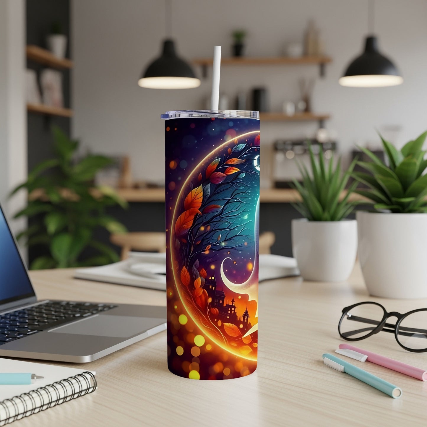 Tumbler with a vibrant night sky, crescent moon, and autumnal village design.