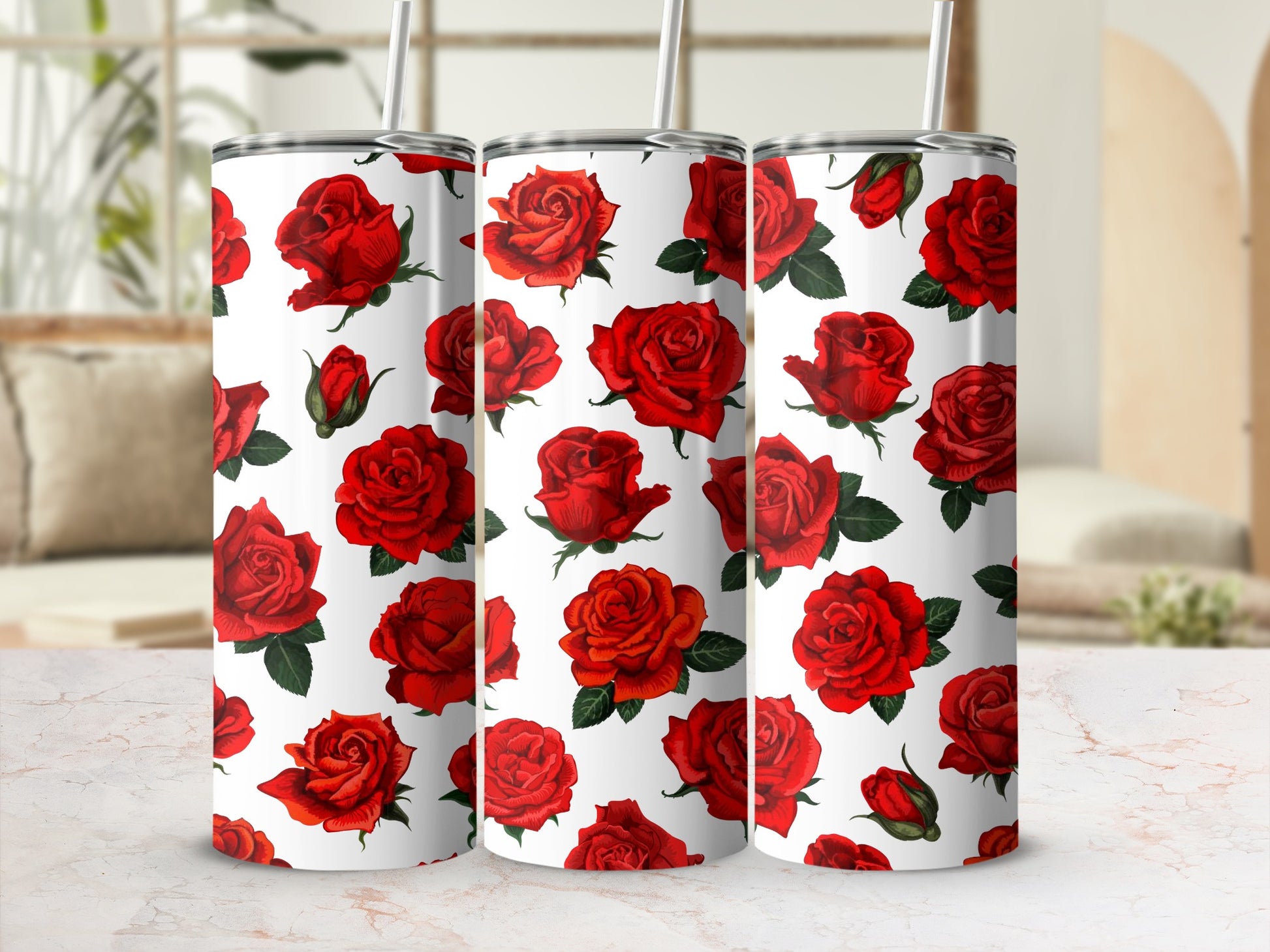 Vibrant Red Rose Design with White Background tumbler