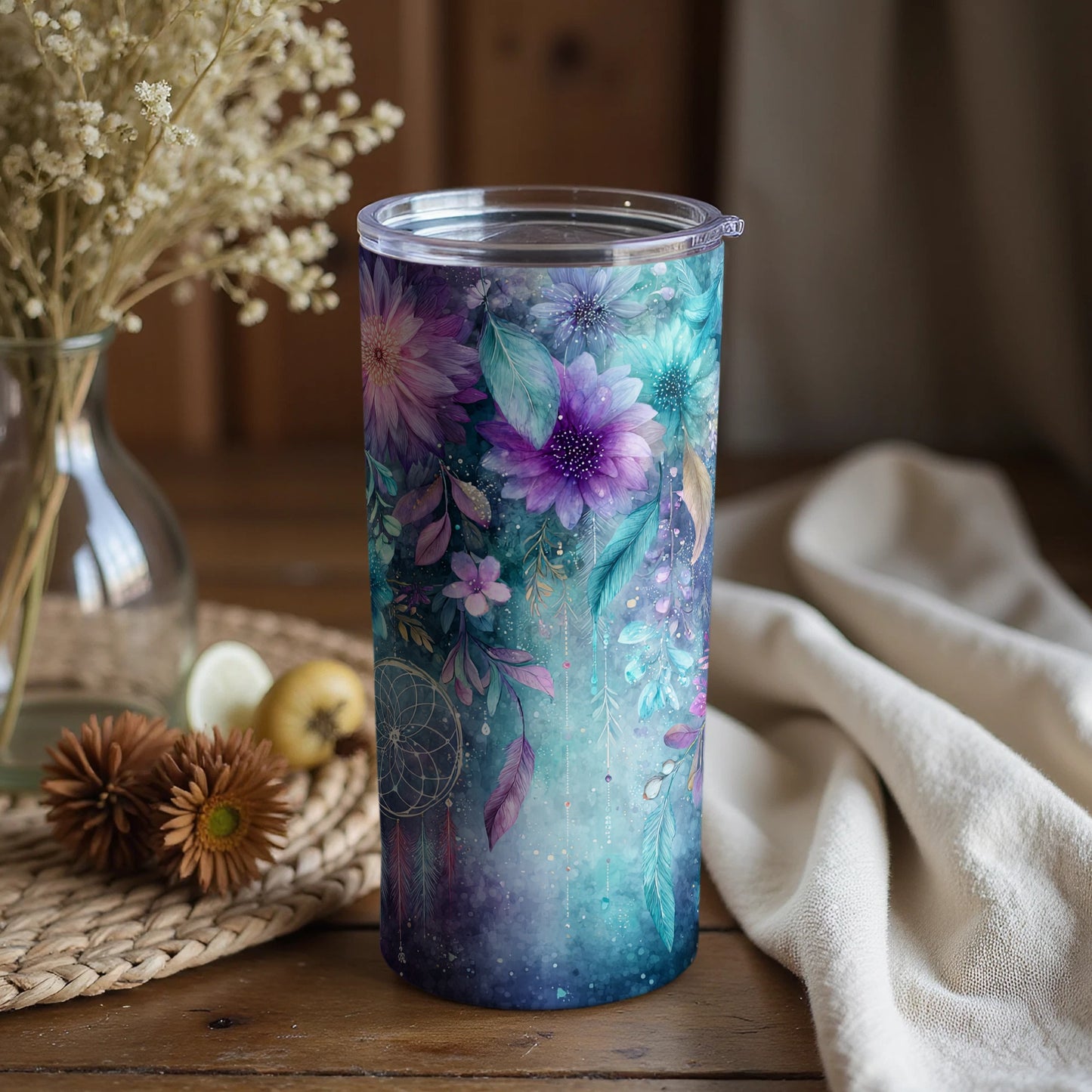 Dreamcatcher Floral Design Insulated Travel Tumbler