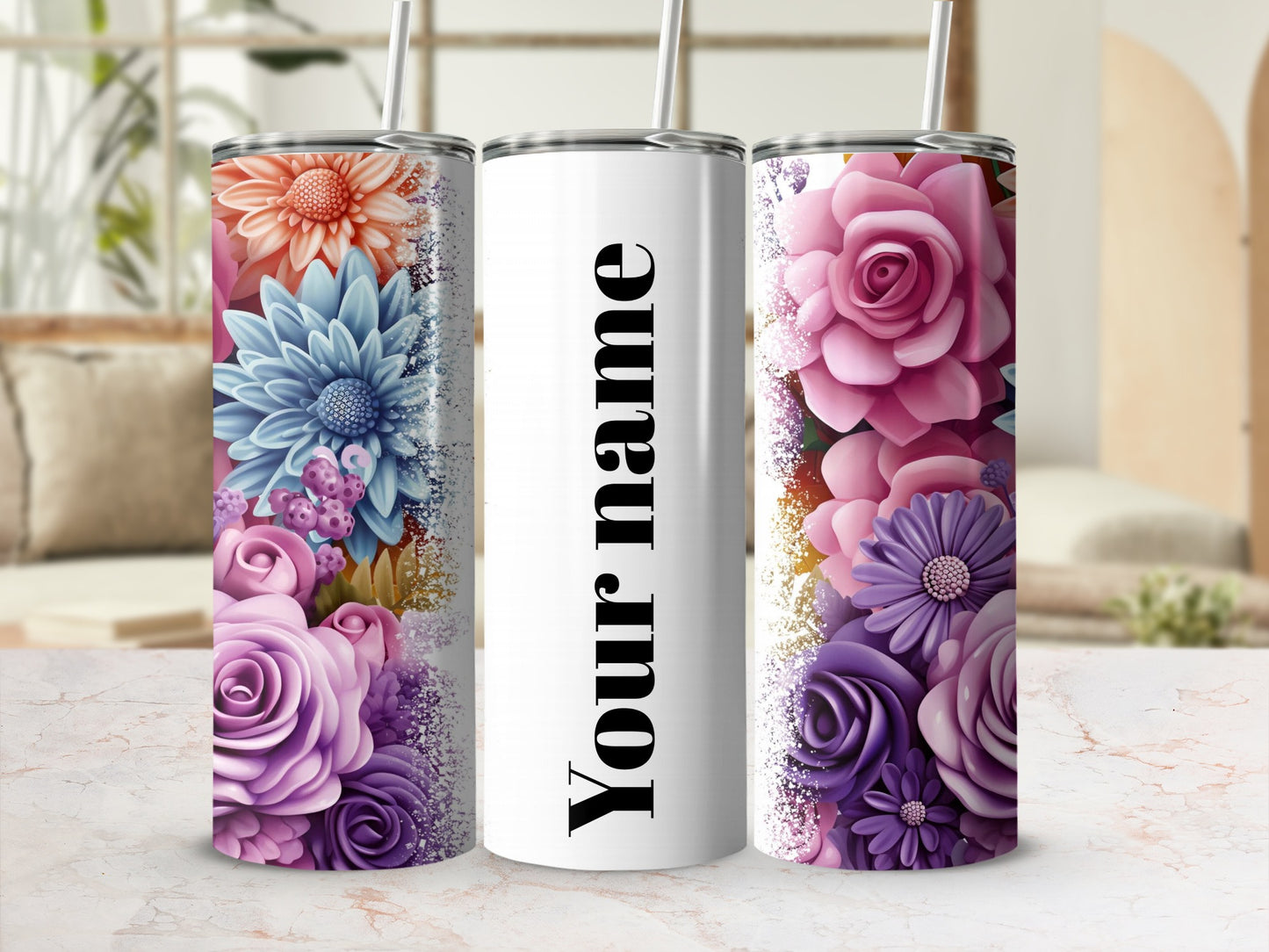 Personalized Floral Tumbler with Custom Text Option