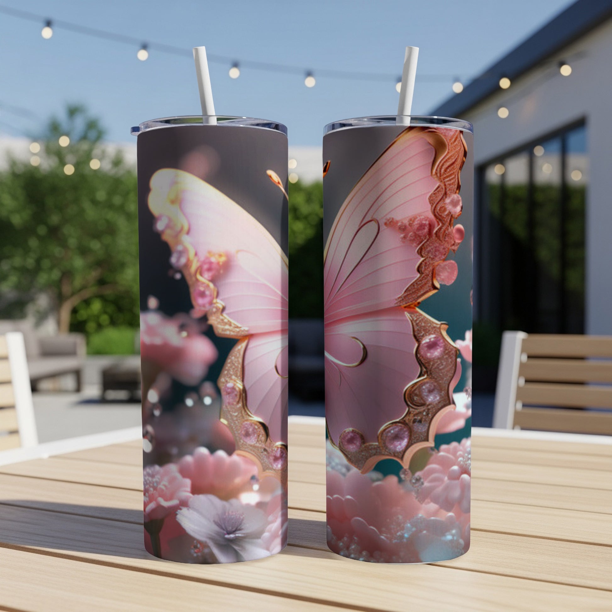 Two tall tumblers with pink butterfly and floral designs sit on a table.