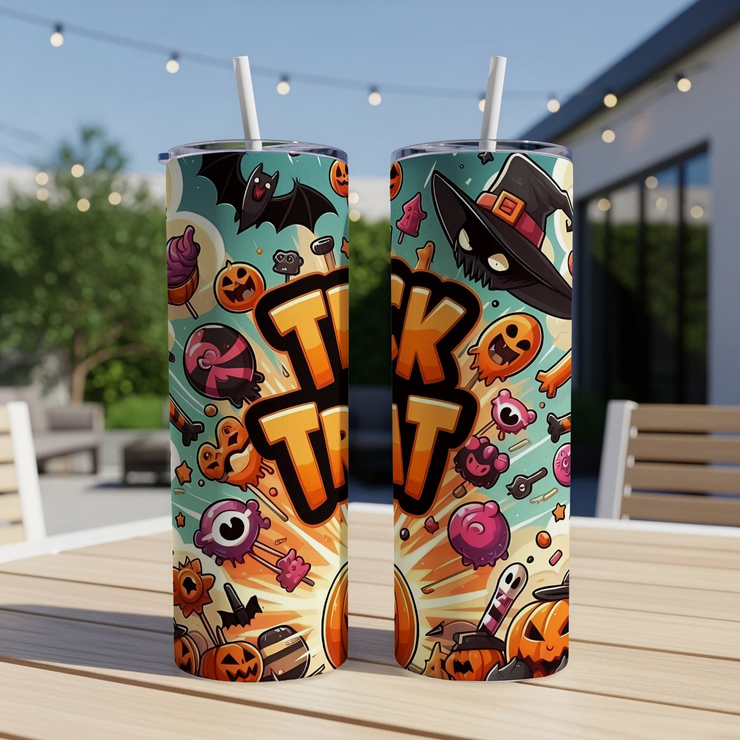 Two tumblers with Halloween candy and monster cartoon designs, featuring the words "Trick or Treat".