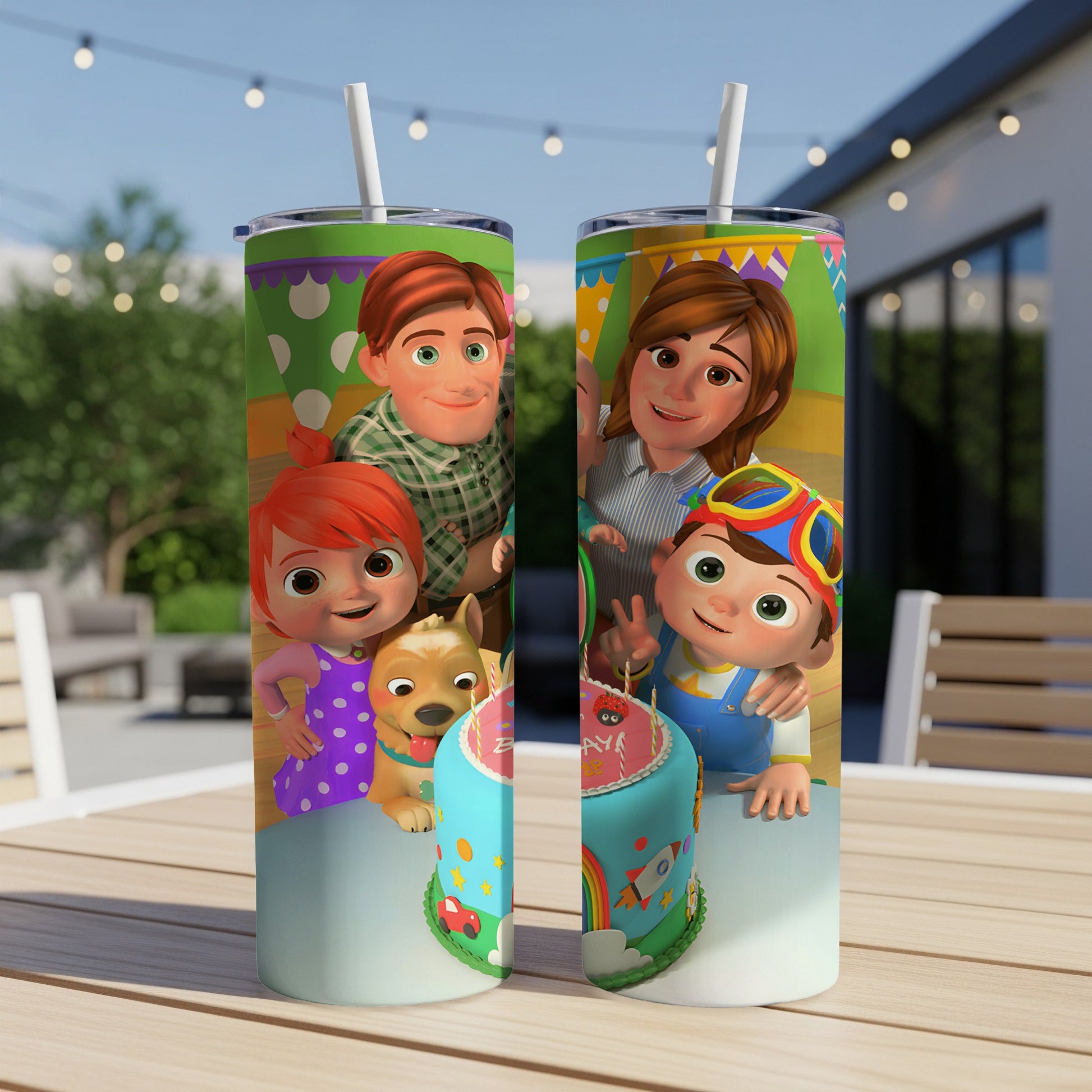 Cocomelon characters on a birthday cake themed tumbler.